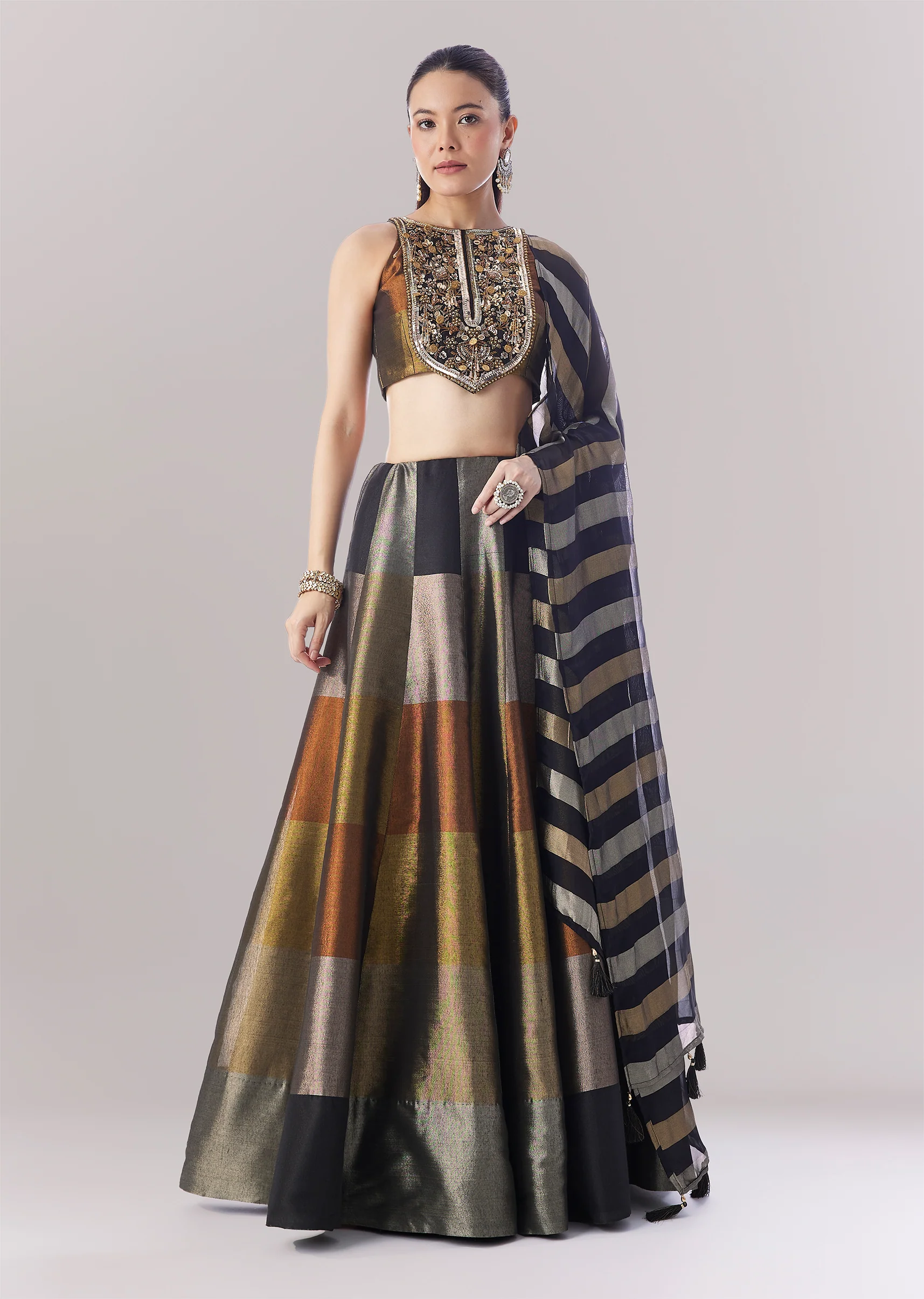 Black Colourblocked Lehenga With Sequins And Bead Work Choli