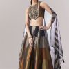 Black Colourblocked Lehenga With Sequins And Bead Work Choli