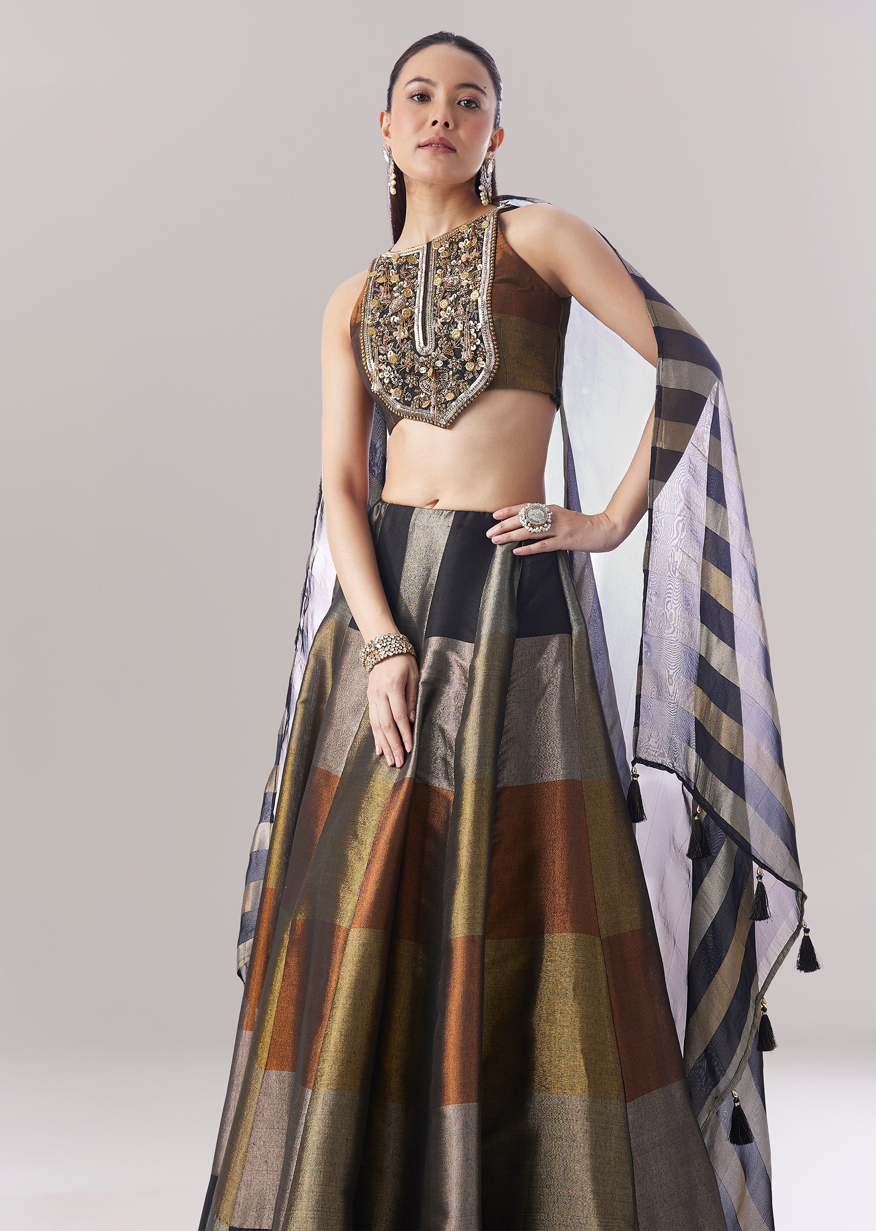 Black Colourblocked Lehenga With Sequins And Bead Work Choli
