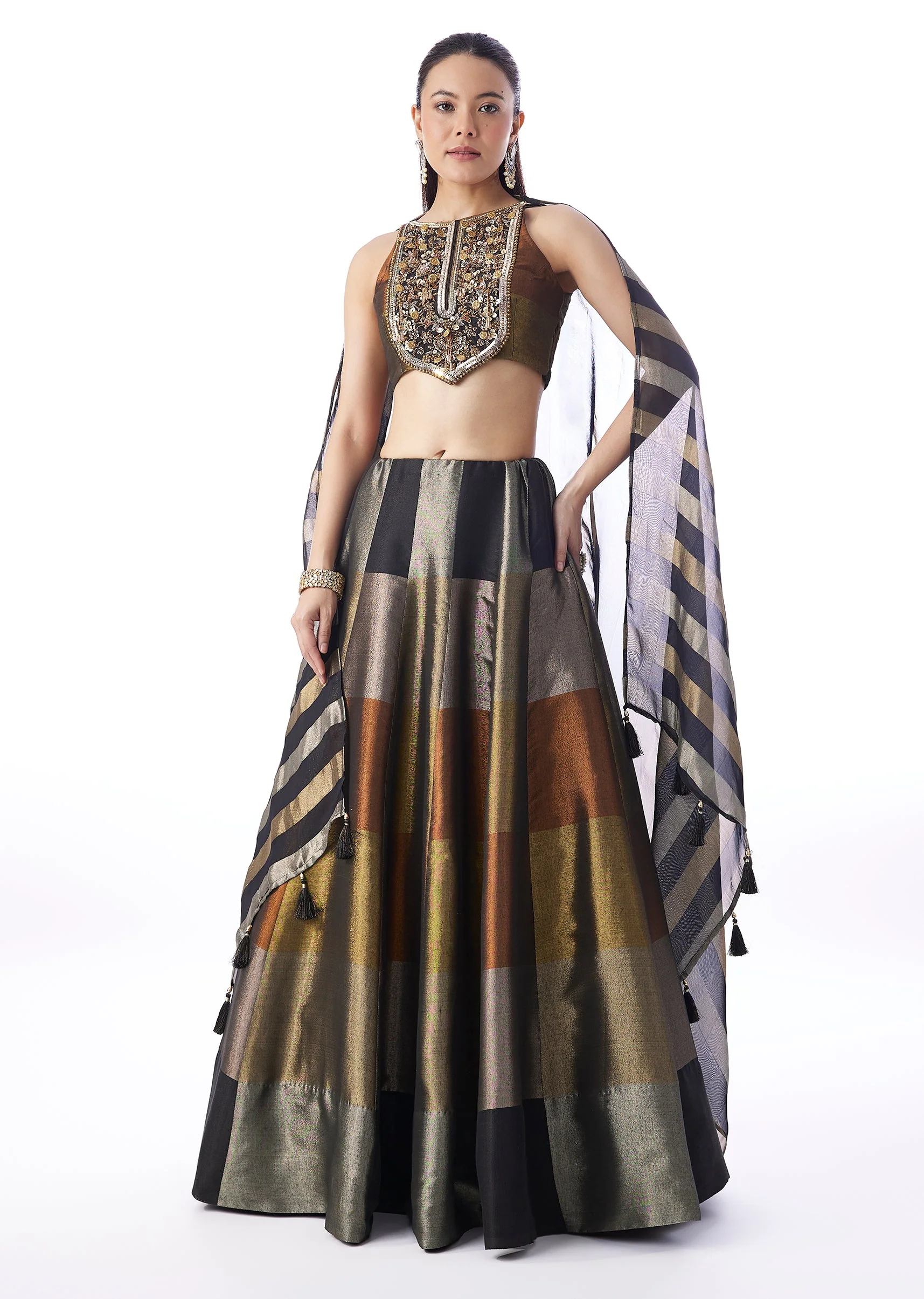 Black Colourblocked Lehenga With Sequins And Bead Work Choli