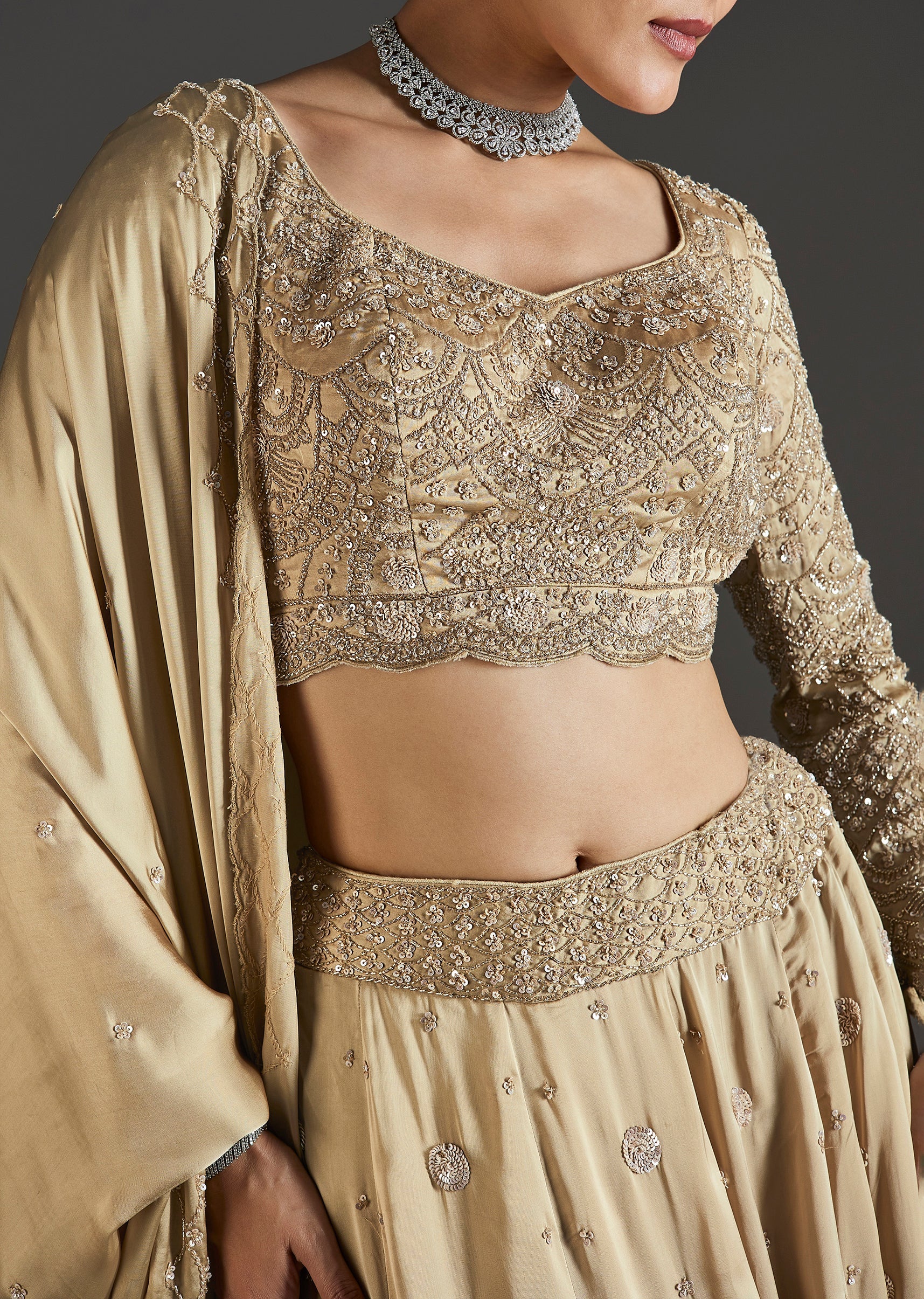 Beige Cut Dana And Sequins Embroidered Lehenga