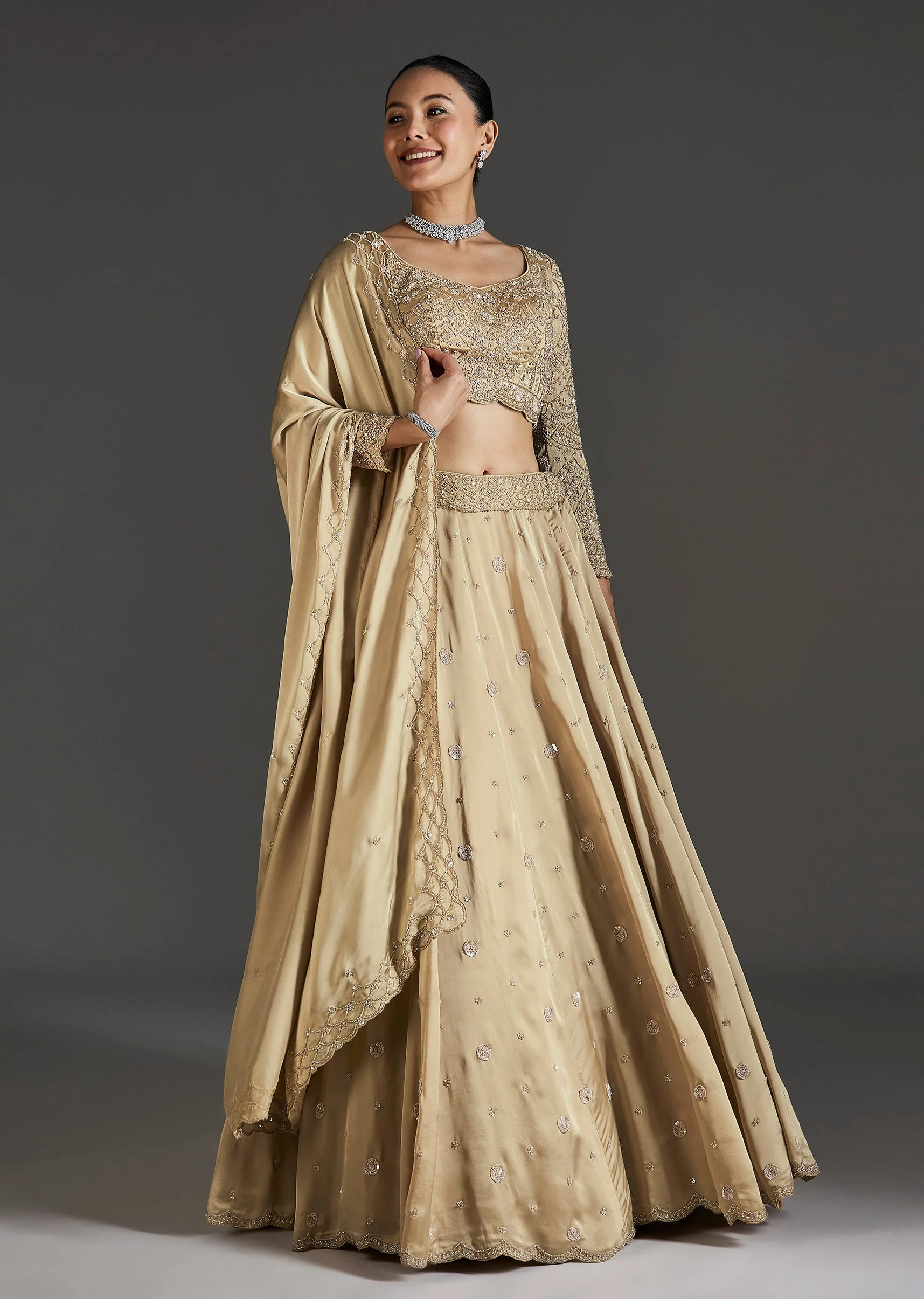 Beige Cut Dana And Sequins Embroidered Lehenga