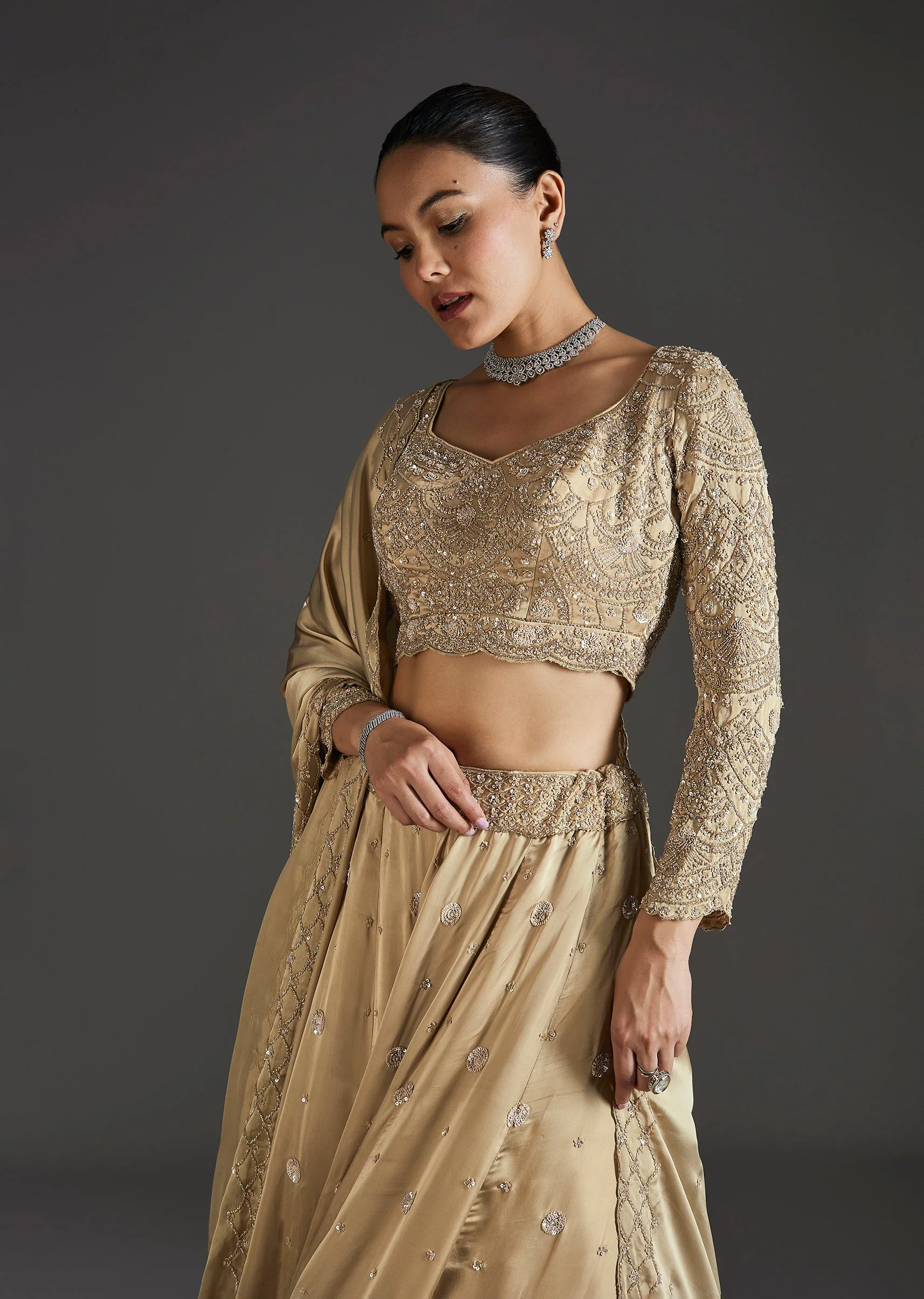 Beige Cut Dana And Sequins Embroidered Lehenga
