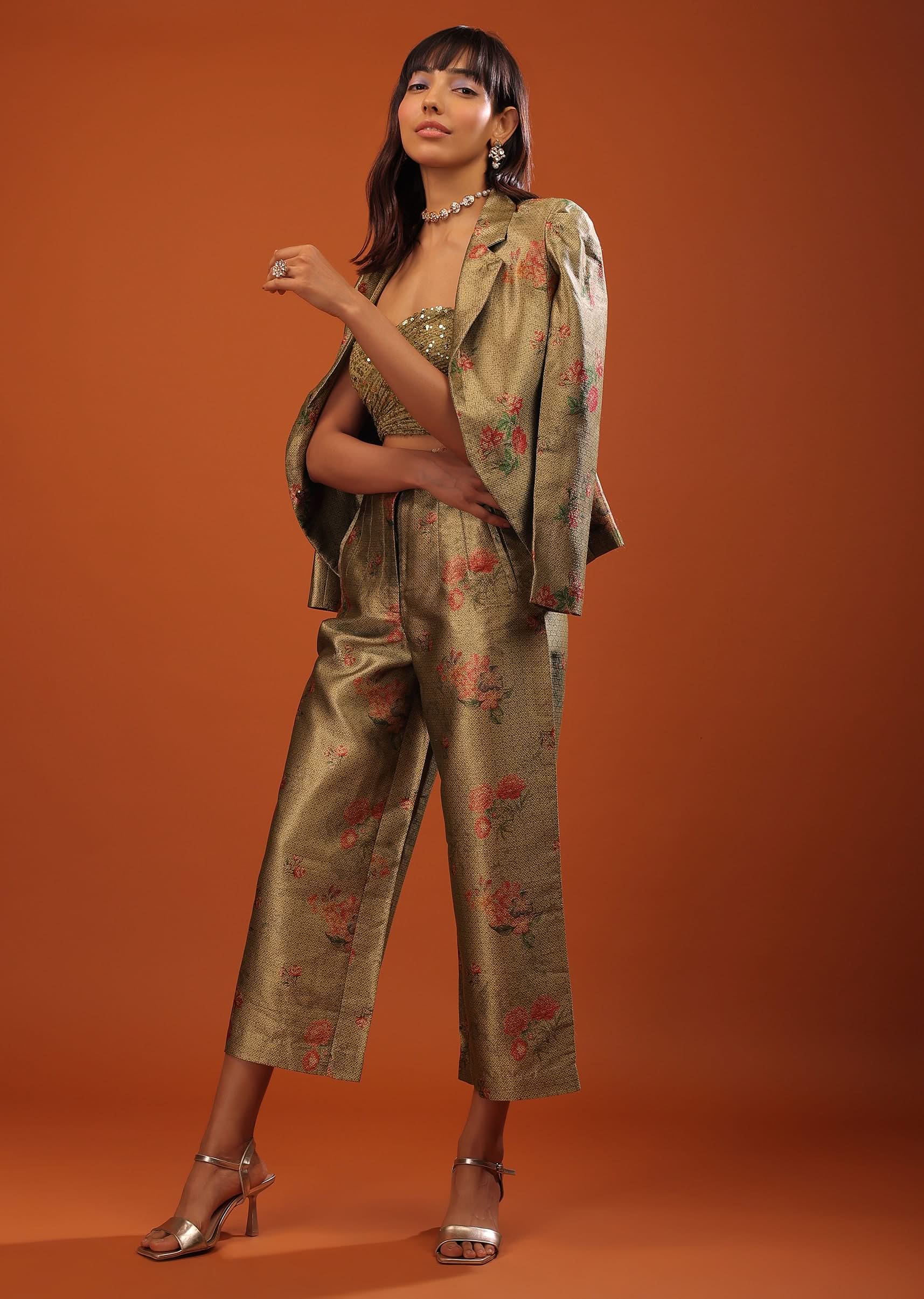 21901-us-0-us-0-variation-1.jpg Moss Green Three-Piece Suit In Woven Floral Motifs With Cropped Pants And Sequin Bustier