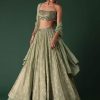 Pale Olive Green Printed Lehenga And Blouse Set In Banarasi Silk