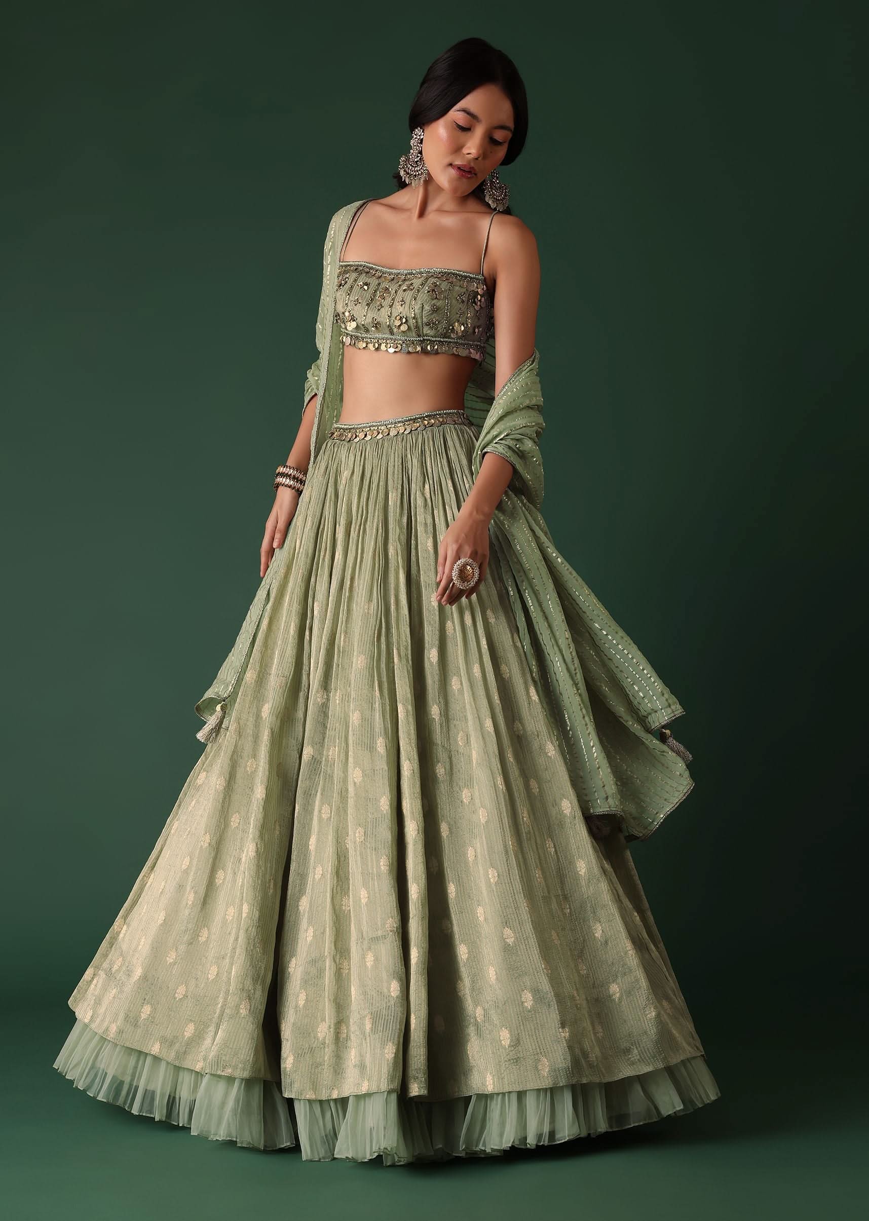 21935-pale-olive-green-printed-lehenga-and-blouse-set-in-banarasi-silk-1.jpg Pale Olive Green Printed Lehenga And Blouse Set In Banarasi Silk