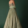 Pale Olive Green Printed Lehenga And Blouse Set In Banarasi Silk