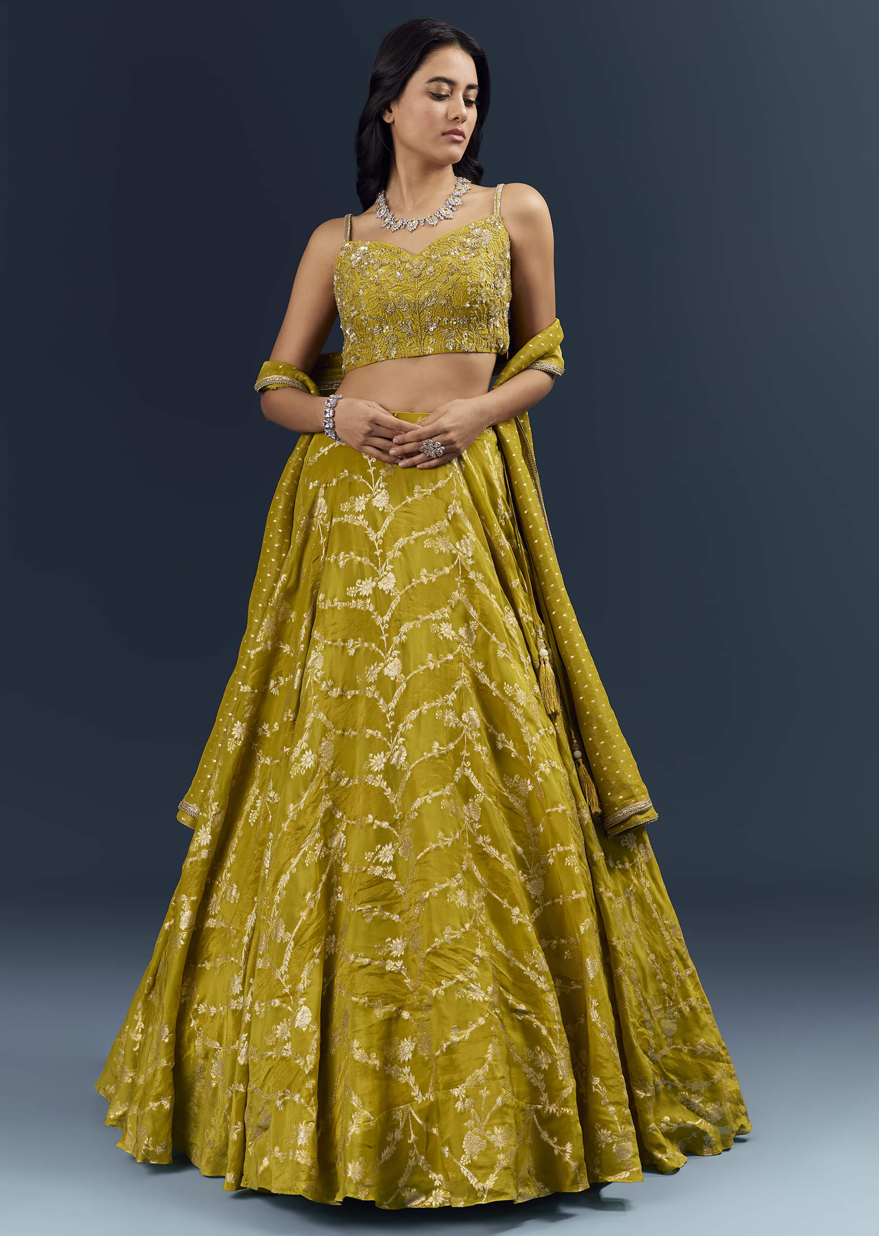 21951-lemon-yellow-banarasi-silk-bridesmaid-lehenga-with-intricate-hand-embroidery-1.jpg Lemon Yellow Banarasi Silk Bridesmaid Lehenga With Intricate Hand Embroidery