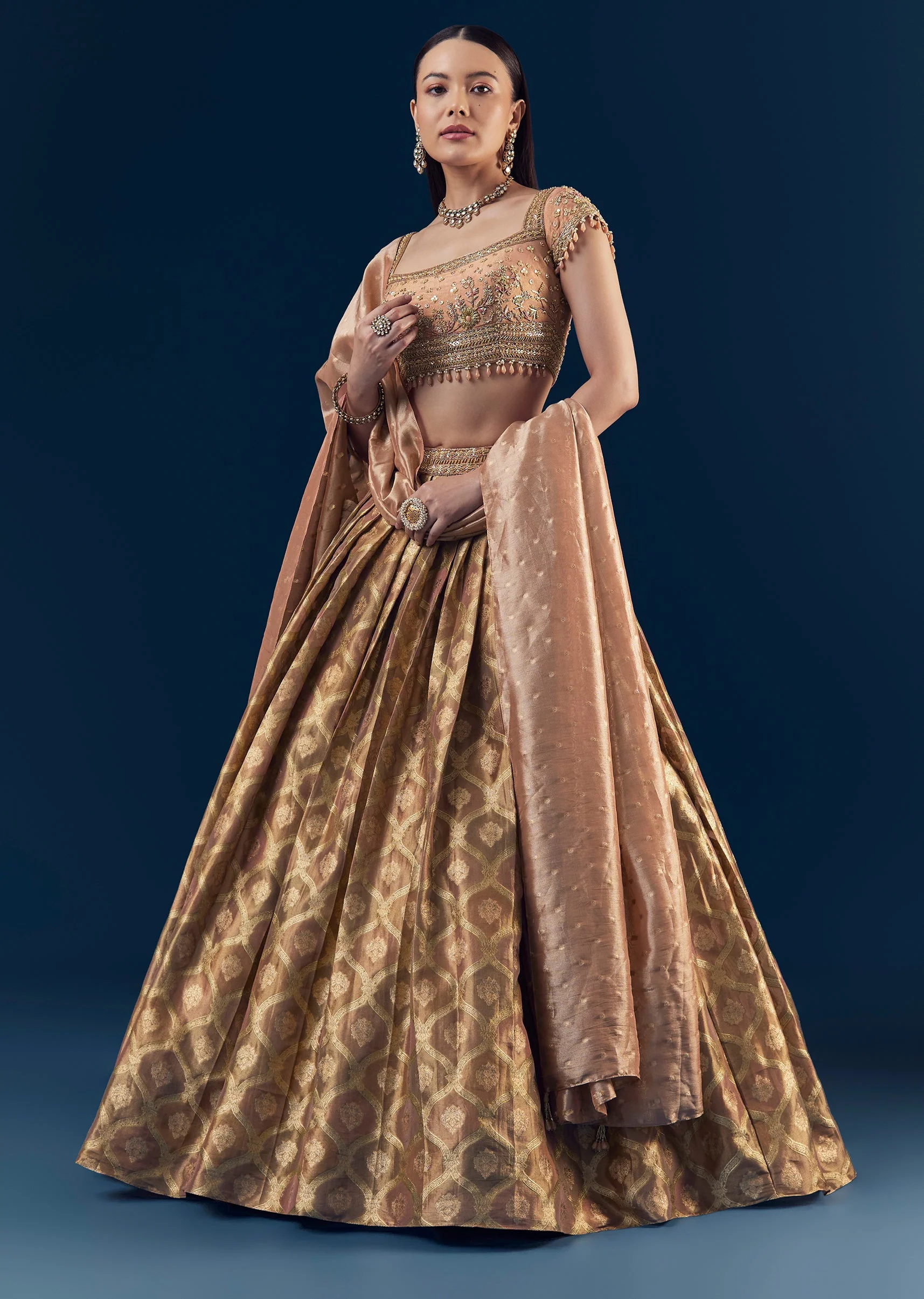 21983-coral-hand-embroidered-banarasi-silk-bridesmaid-lehenga-set-with-pleats-1.webp Coral Hand Embroidered Banarasi Silk Bridesmaid Lehenga Set with Pleats