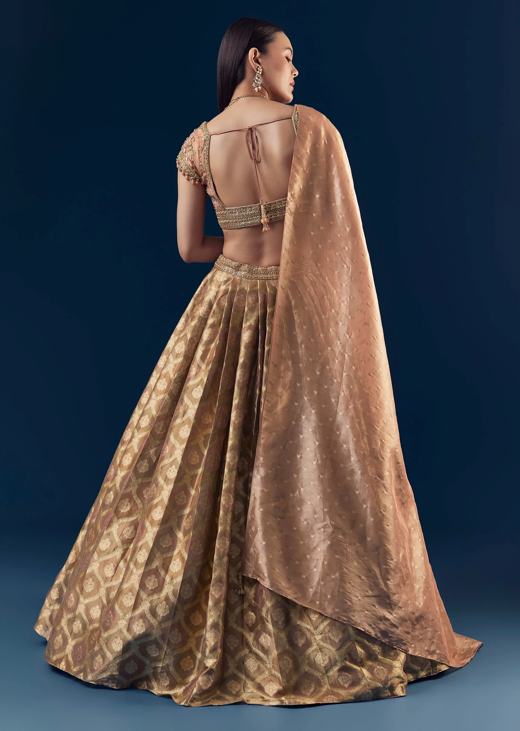 Coral Hand Embroidered Banarasi Silk Bridesmaid Lehenga Set with Pleats