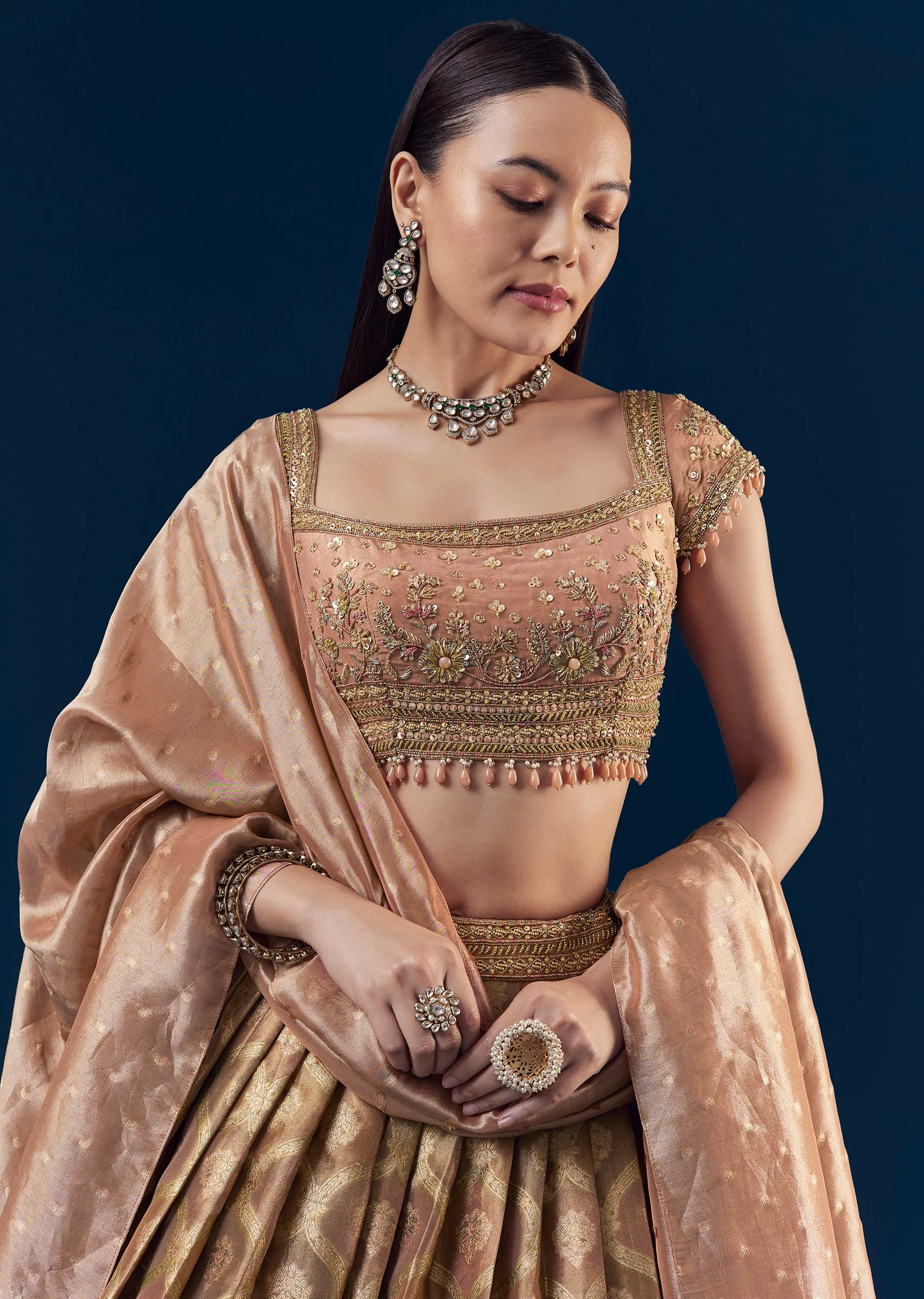 Coral Hand Embroidered Banarasi Silk Bridesmaid Lehenga Set with Pleats