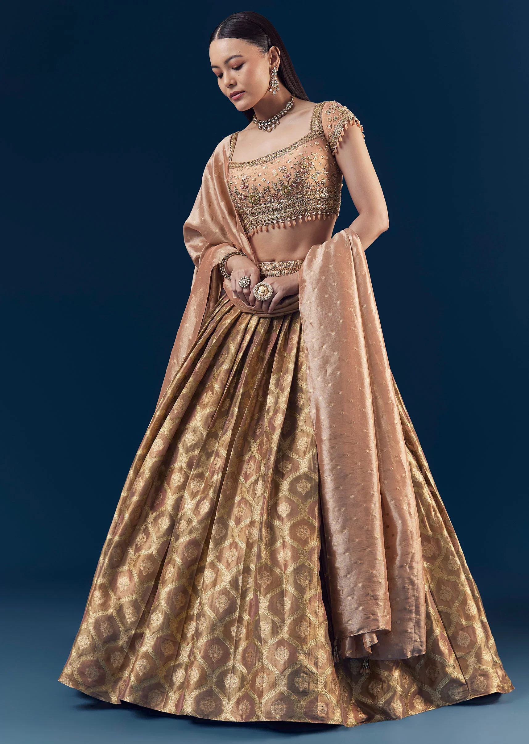 Coral Hand Embroidered Banarasi Silk Bridesmaid Lehenga Set with Pleats