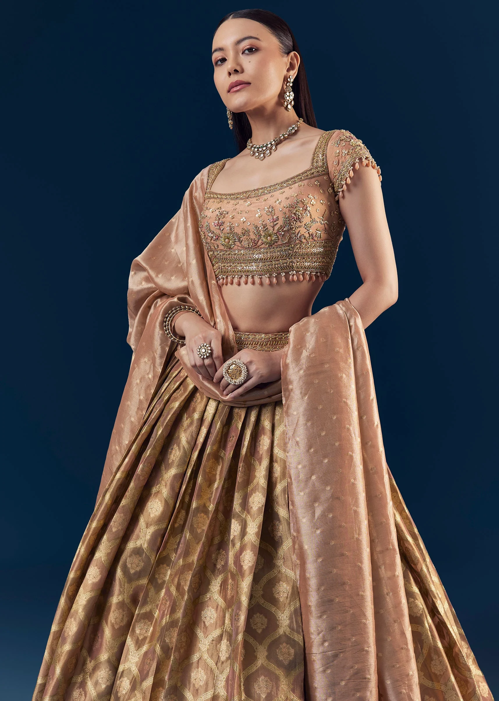 Coral Hand Embroidered Banarasi Silk Bridesmaid Lehenga Set with Pleats