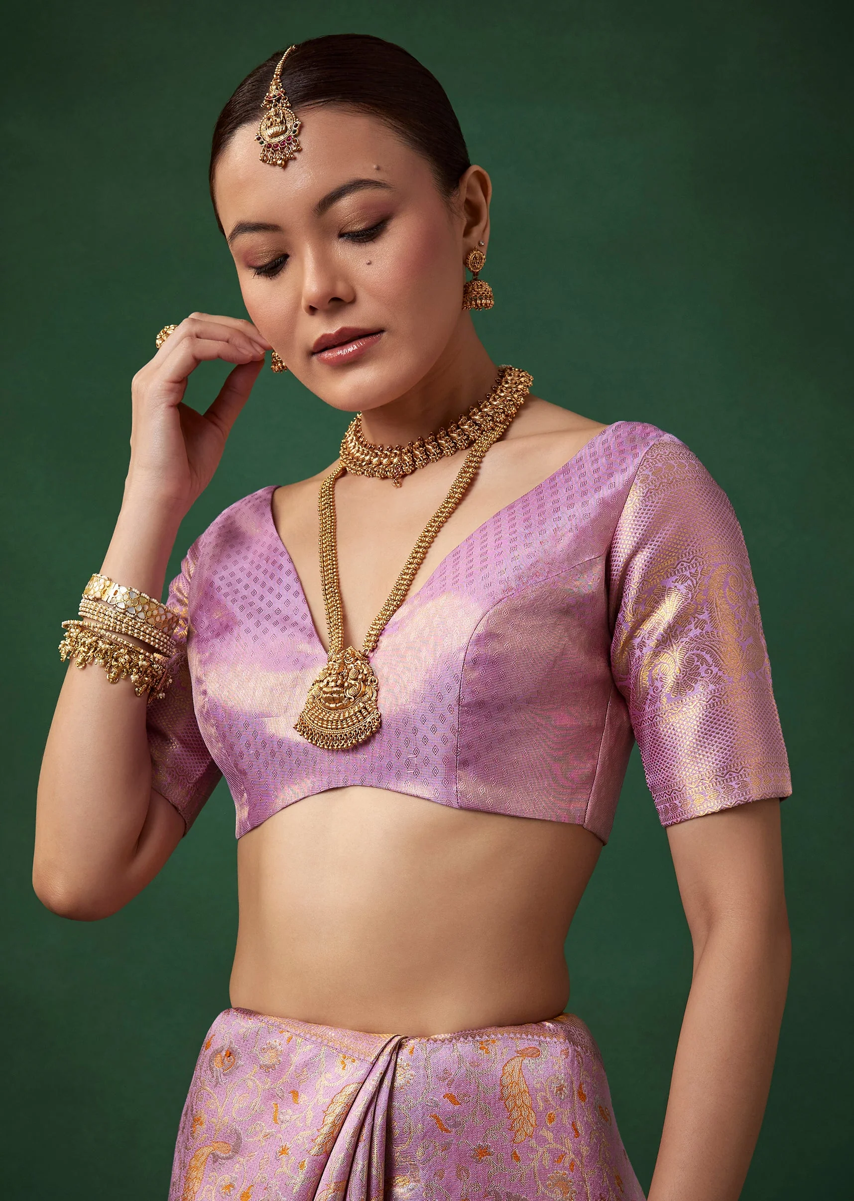Lavender Banarasi Brocade Saree with Unstitched Blouse