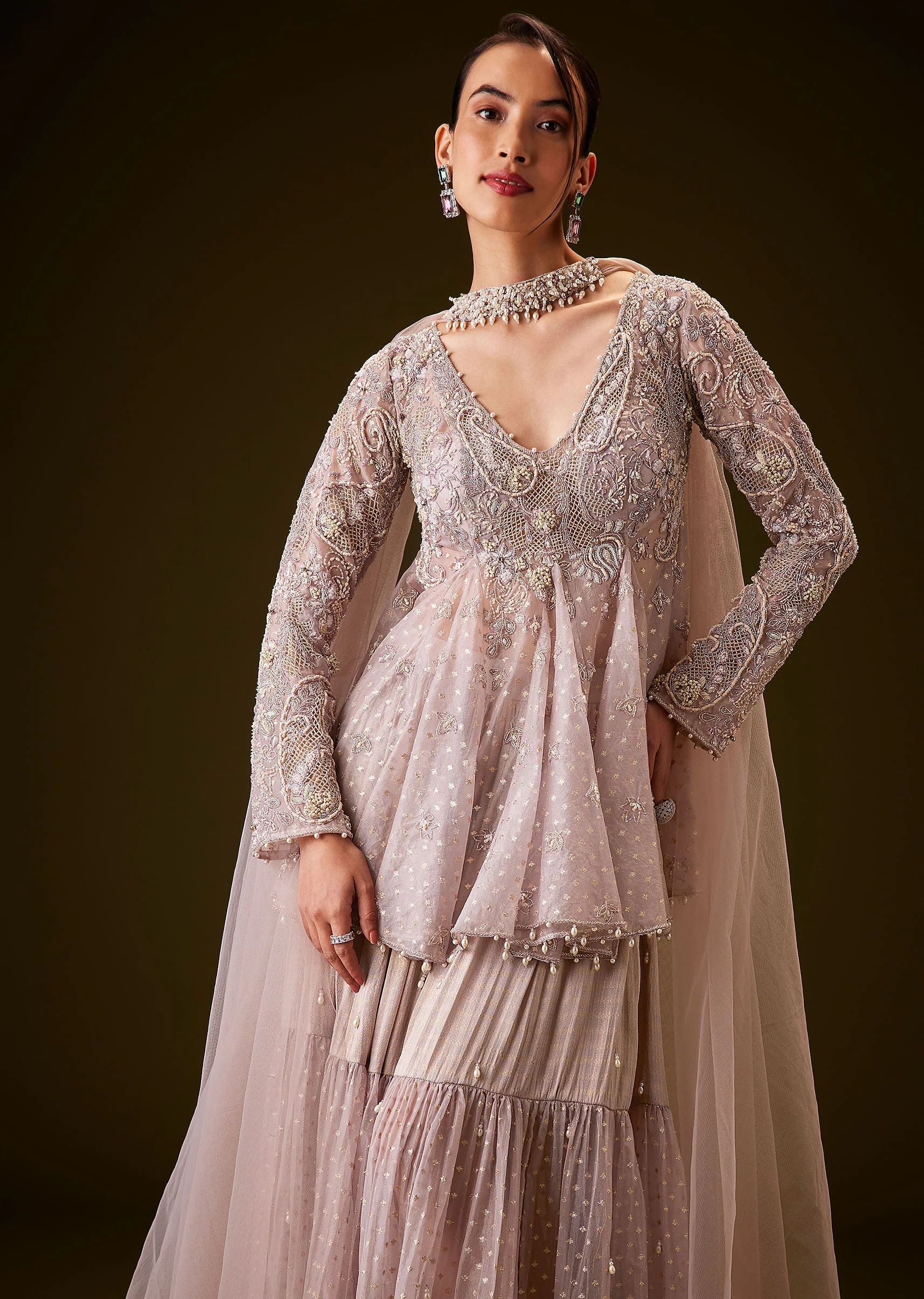 Lilac Banarasi Silk Sharara Set With Choker Dupatta