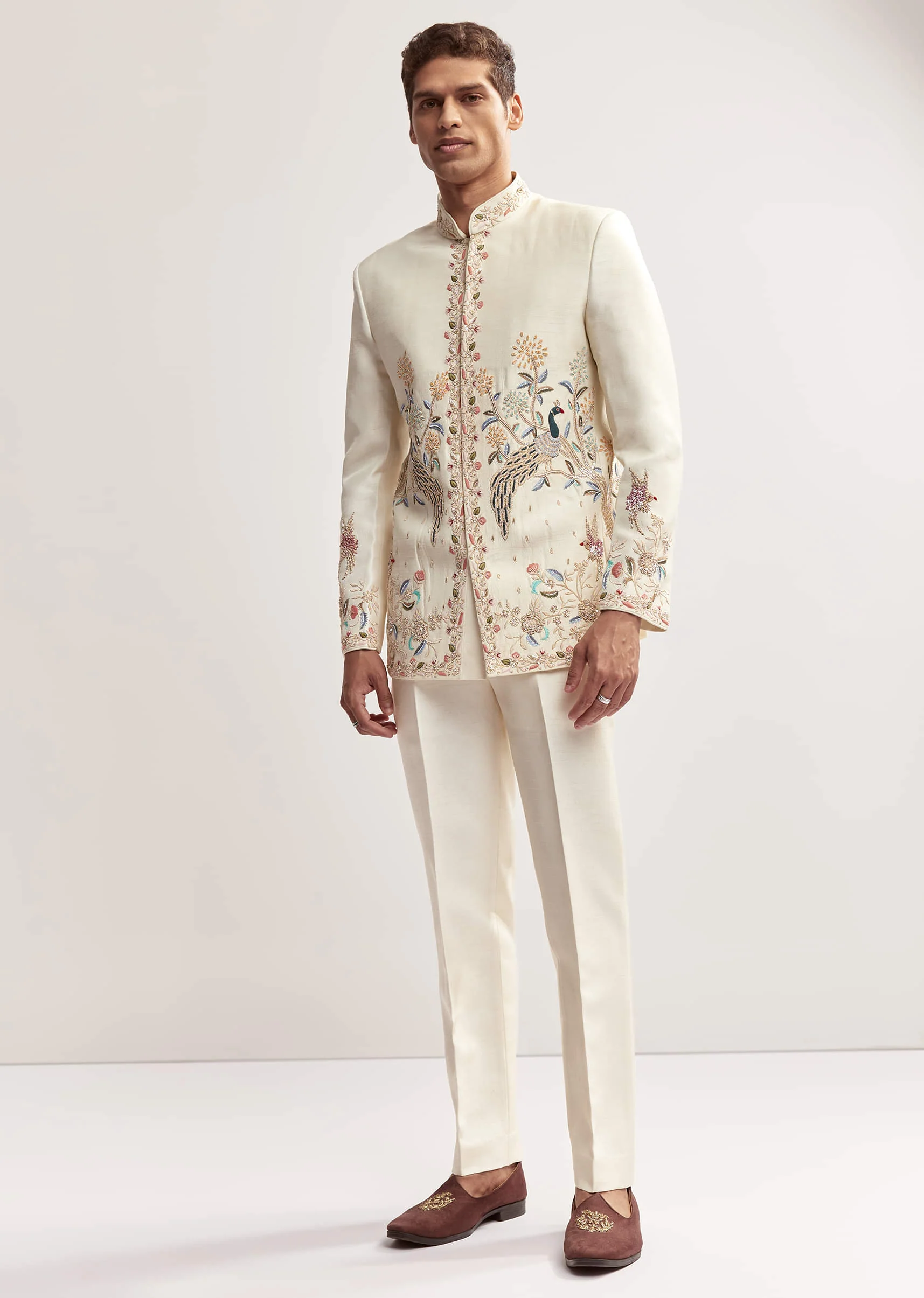 22039-cream-silk-jodhpuri-set-for-men-with-multicolour-peacock-embroidery-1.webp Cream Silk Jodhpuri Set For Men With Multicolour Peacock Embroidery