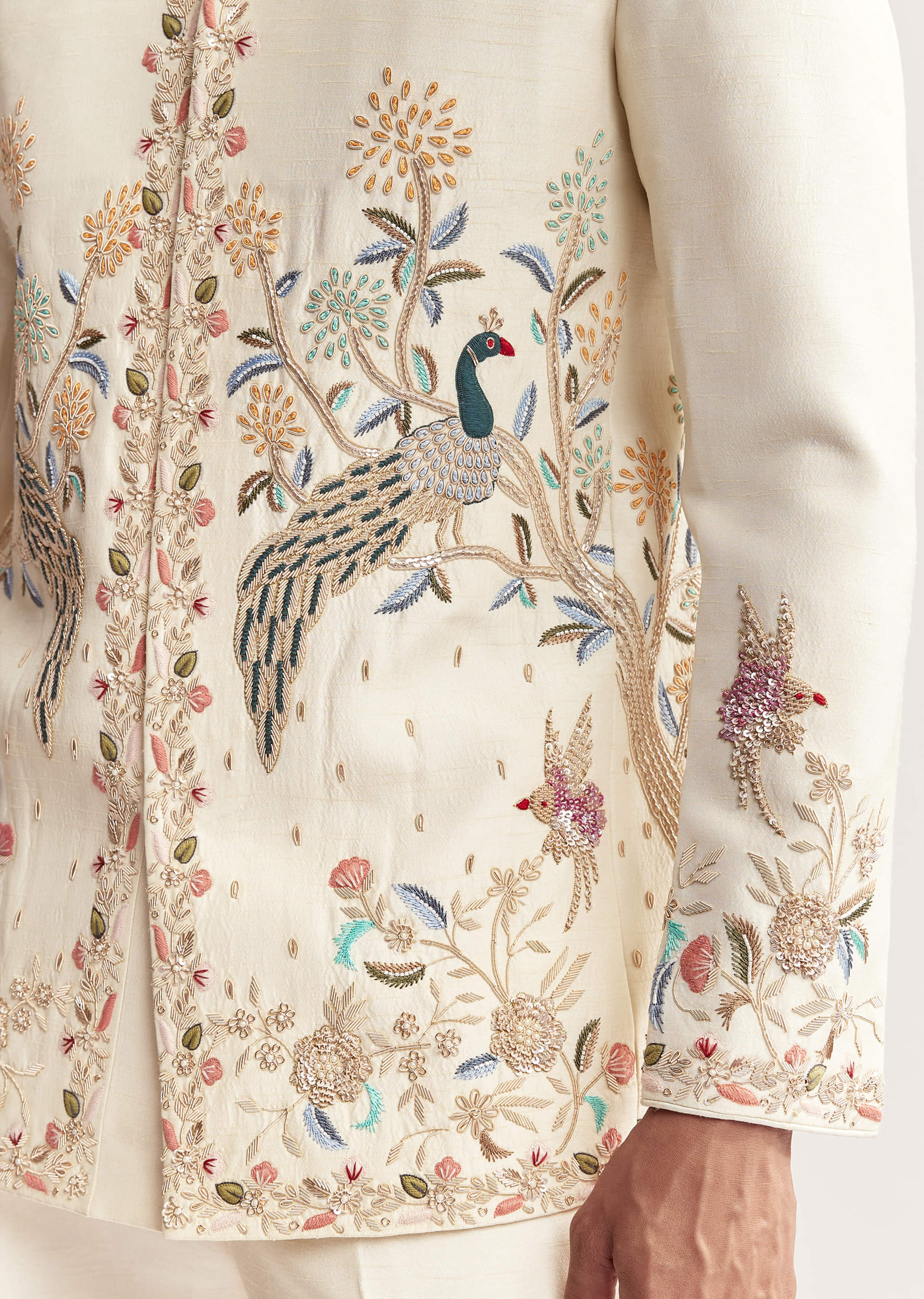 Cream Silk Jodhpuri Set For Men With Multicolour Peacock Embroidery