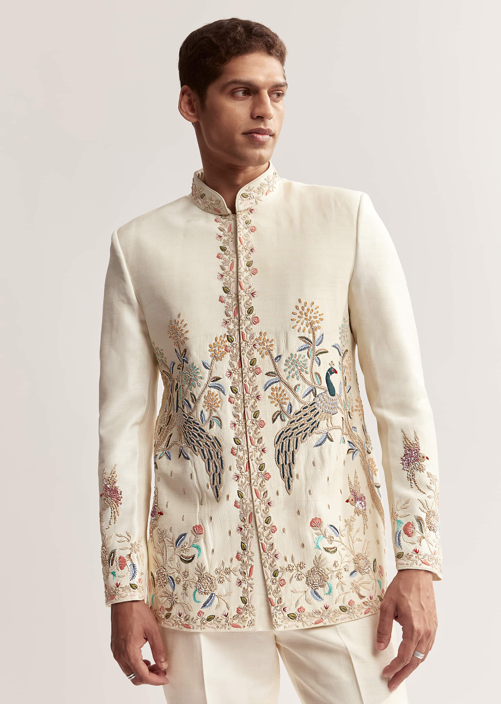 Cream Silk Jodhpuri Set For Men With Multicolour Peacock Embroidery
