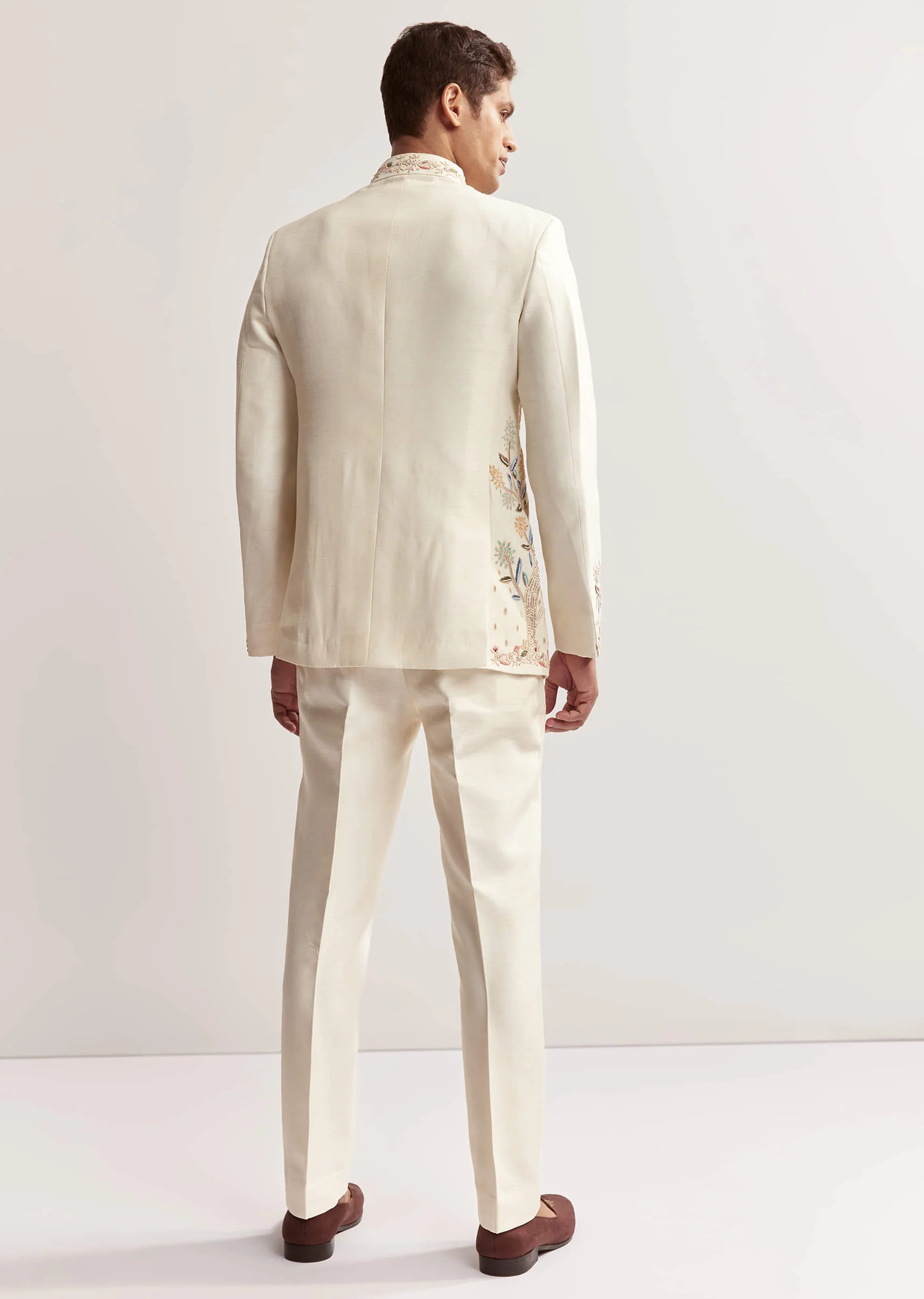 Cream Silk Jodhpuri Set For Men With Multicolour Peacock Embroidery