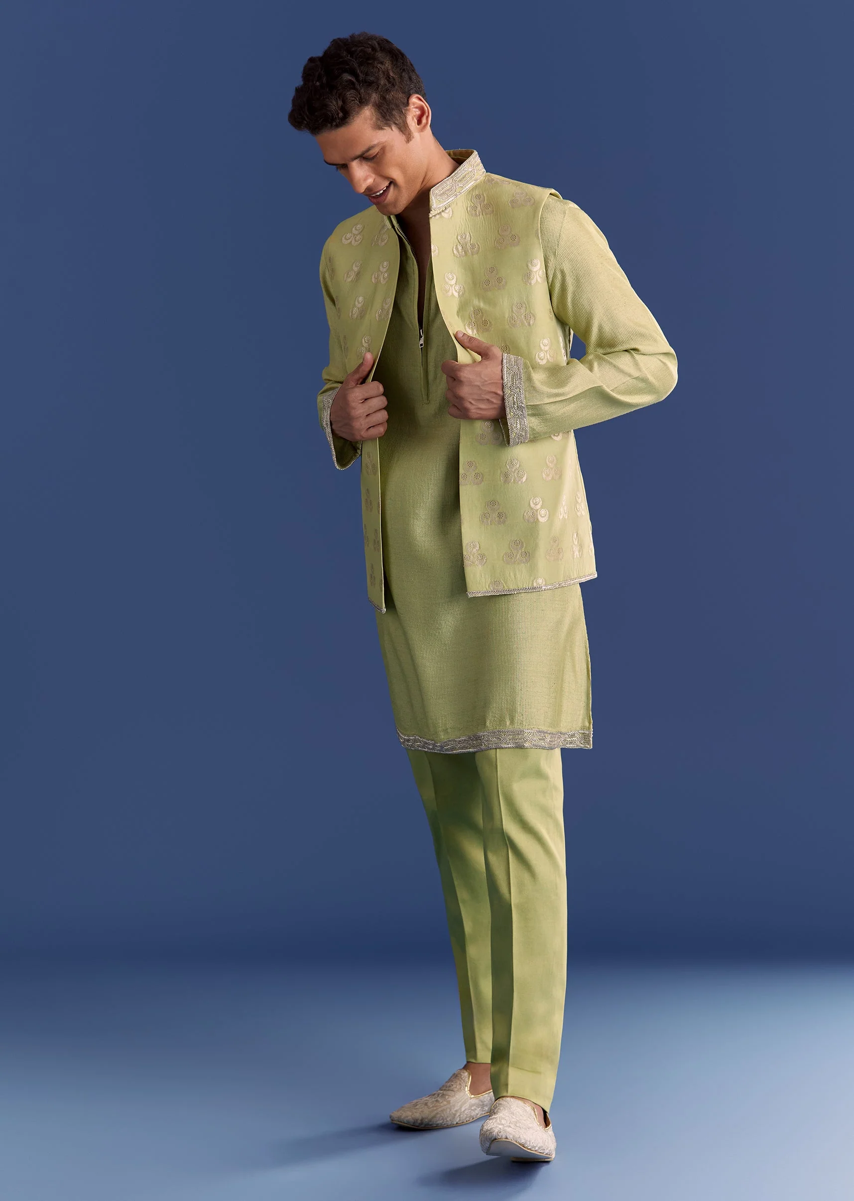 22057-mint-green-munga-silk-kurta-jacket-set-with-hand-embroidery-1.webp Mint Green Munga Silk Kurta Jacket Set With Hand Embroidery