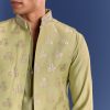Mint Green Munga Silk Kurta Jacket Set With Hand Embroidery