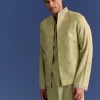 Mint Green Munga Silk Kurta Jacket Set With Hand Embroidery