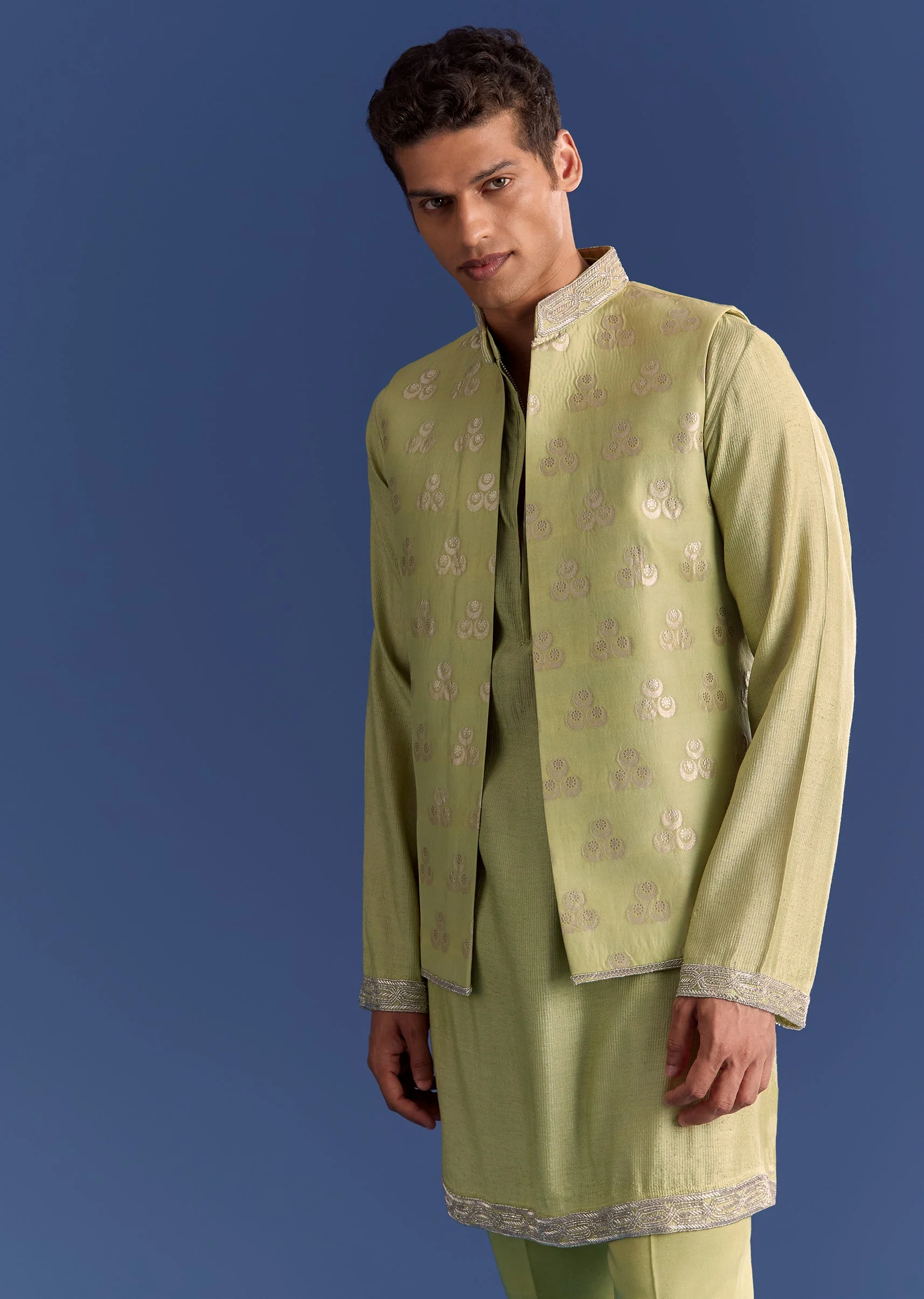 Mint Green Munga Silk Kurta Jacket Set With Hand Embroidery