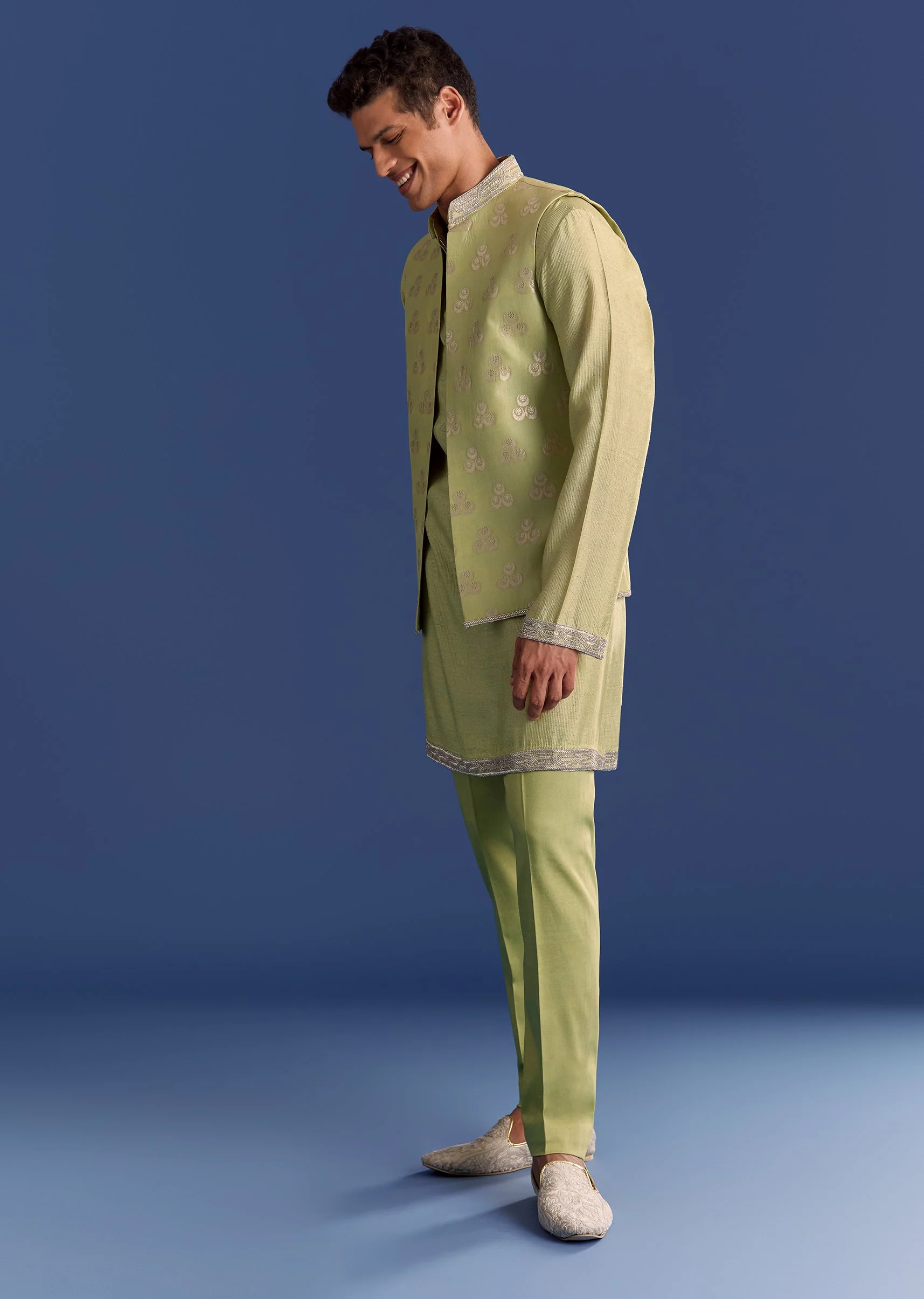 Mint Green Munga Silk Kurta Jacket Set With Hand Embroidery