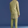 Mint Green Munga Silk Kurta Jacket Set With Hand Embroidery
