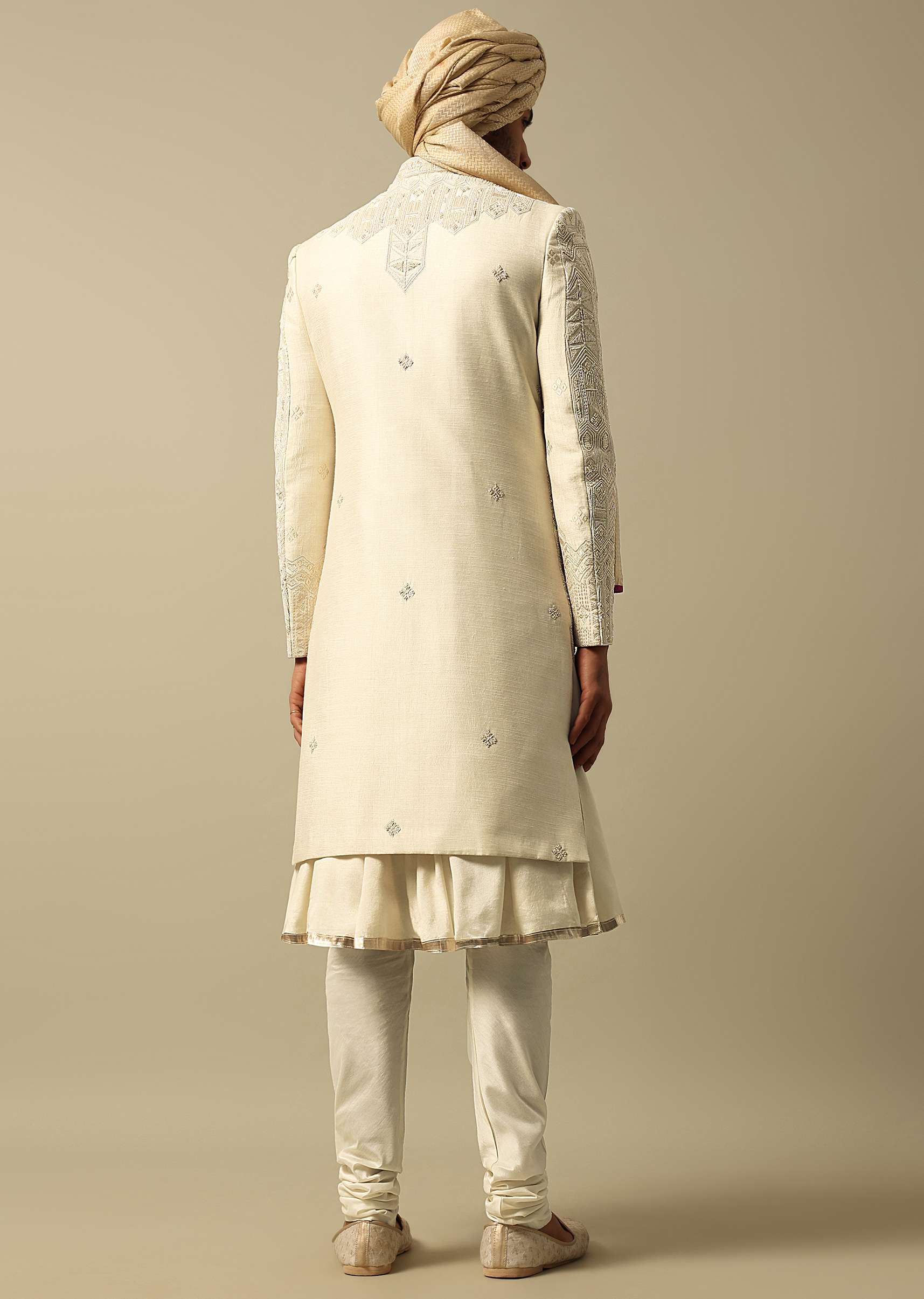 Opulent Beige Banarasi Silk Sherwani