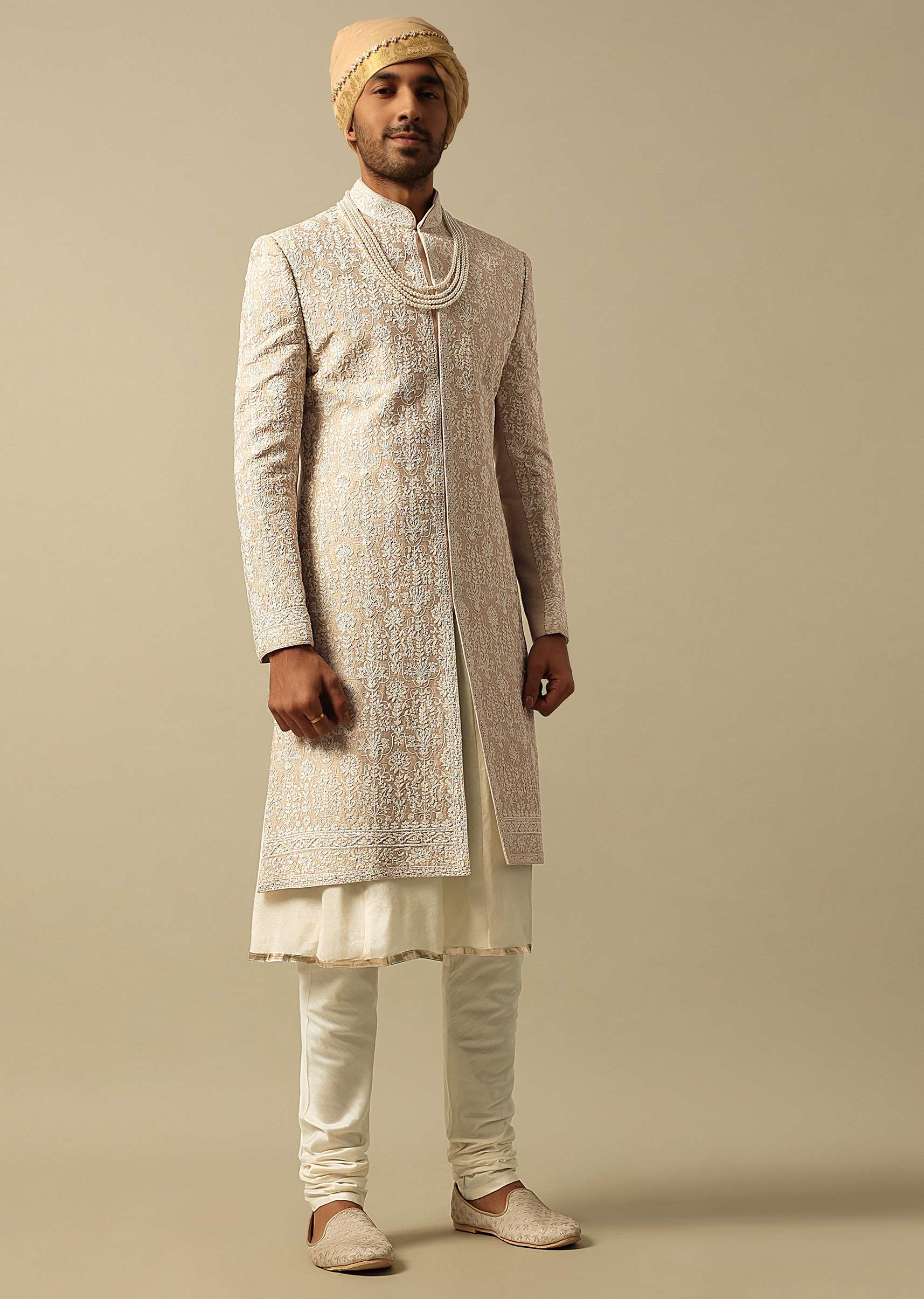 22084-timeless-beige-banarasi-silk-sherwani-1.jpg Timeless Beige Banarasi Silk Sherwani