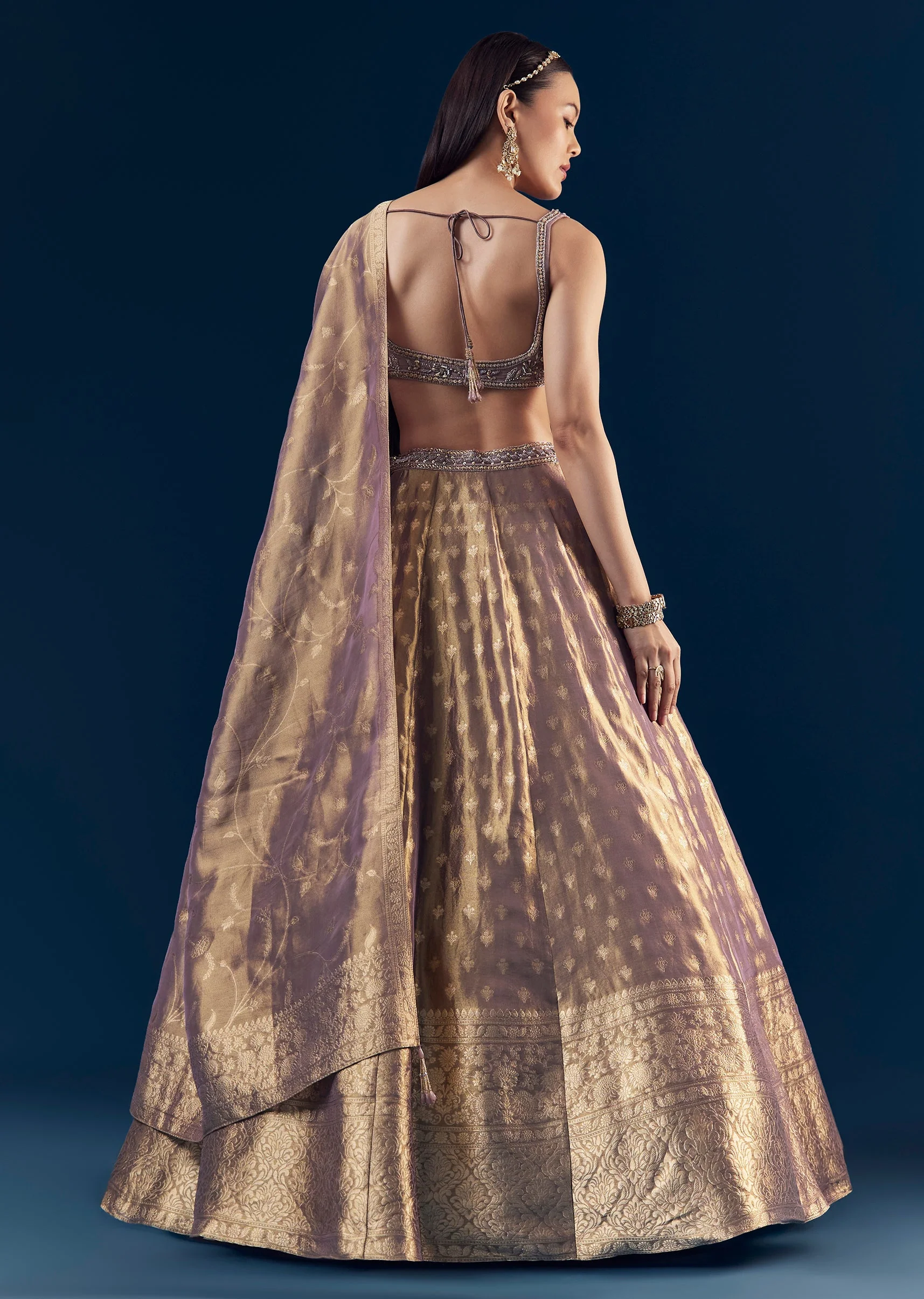 Purple Banarasi Silk Kali Lehenga Set with Hand Embroidery