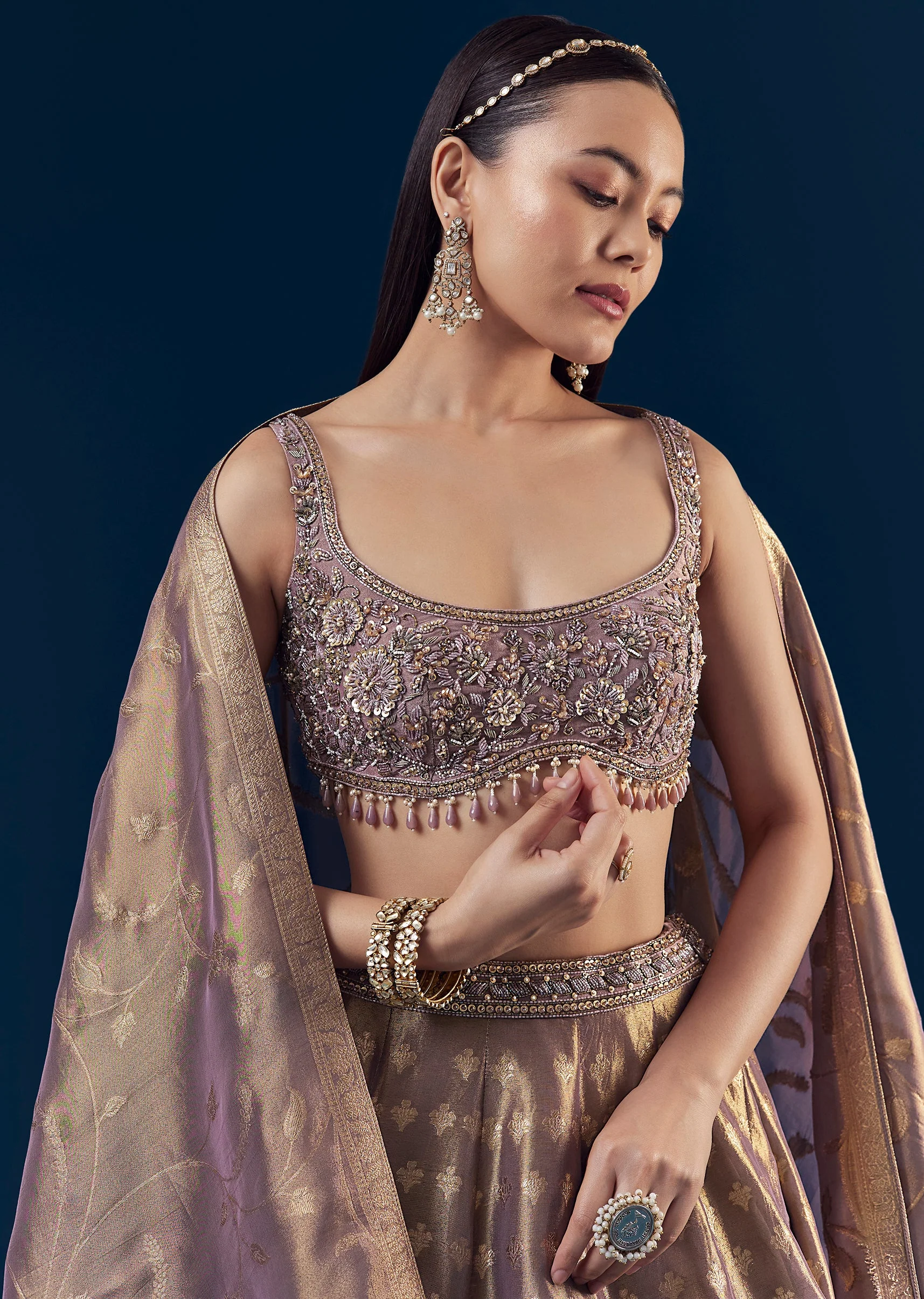 Purple Banarasi Silk Kali Lehenga Set with Hand Embroidery
