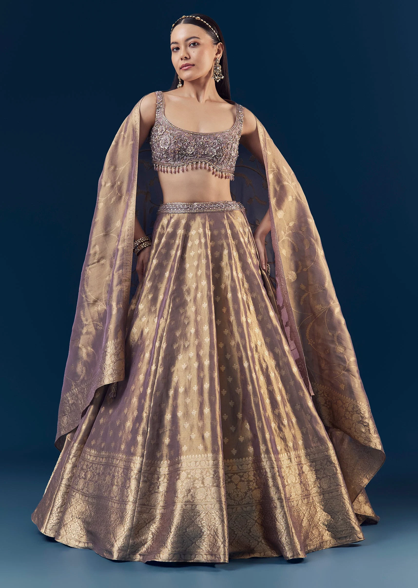 Purple Banarasi Silk Kali Lehenga Set with Hand Embroidery