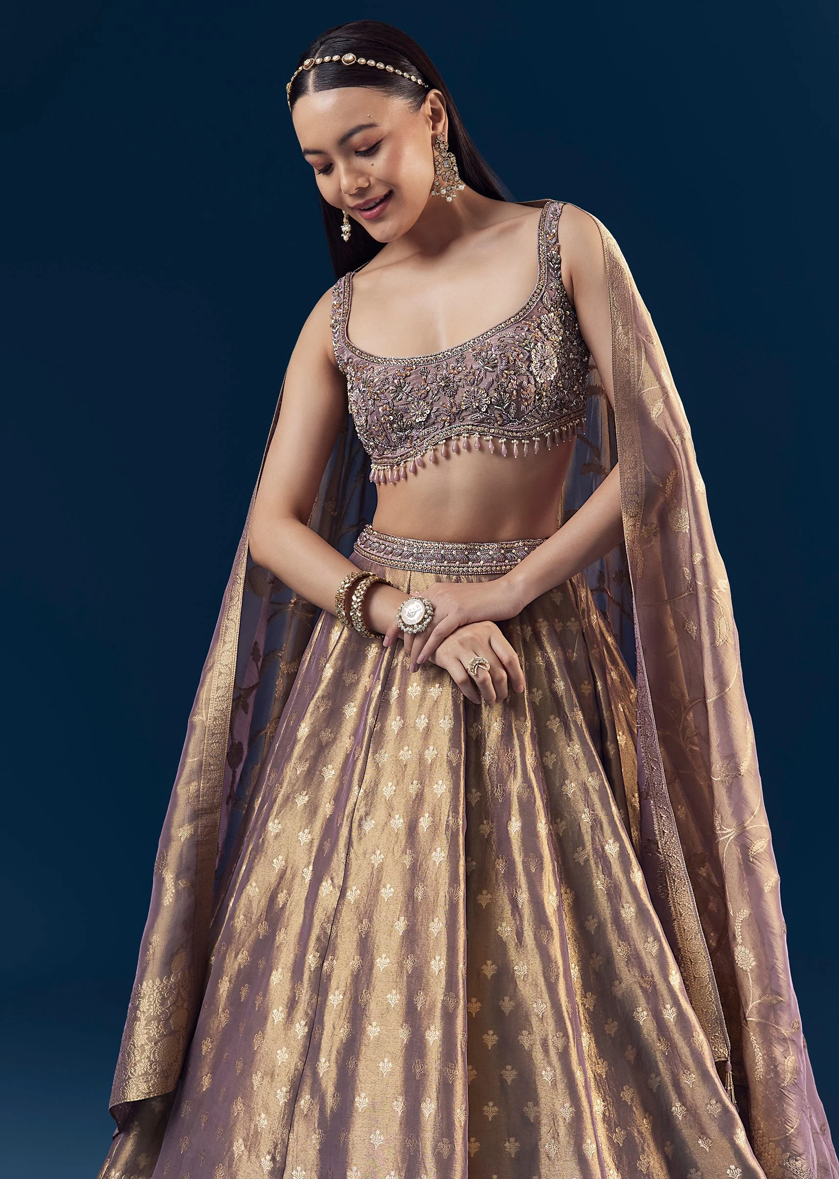 Purple Banarasi Silk Kali Lehenga Set with Hand Embroidery