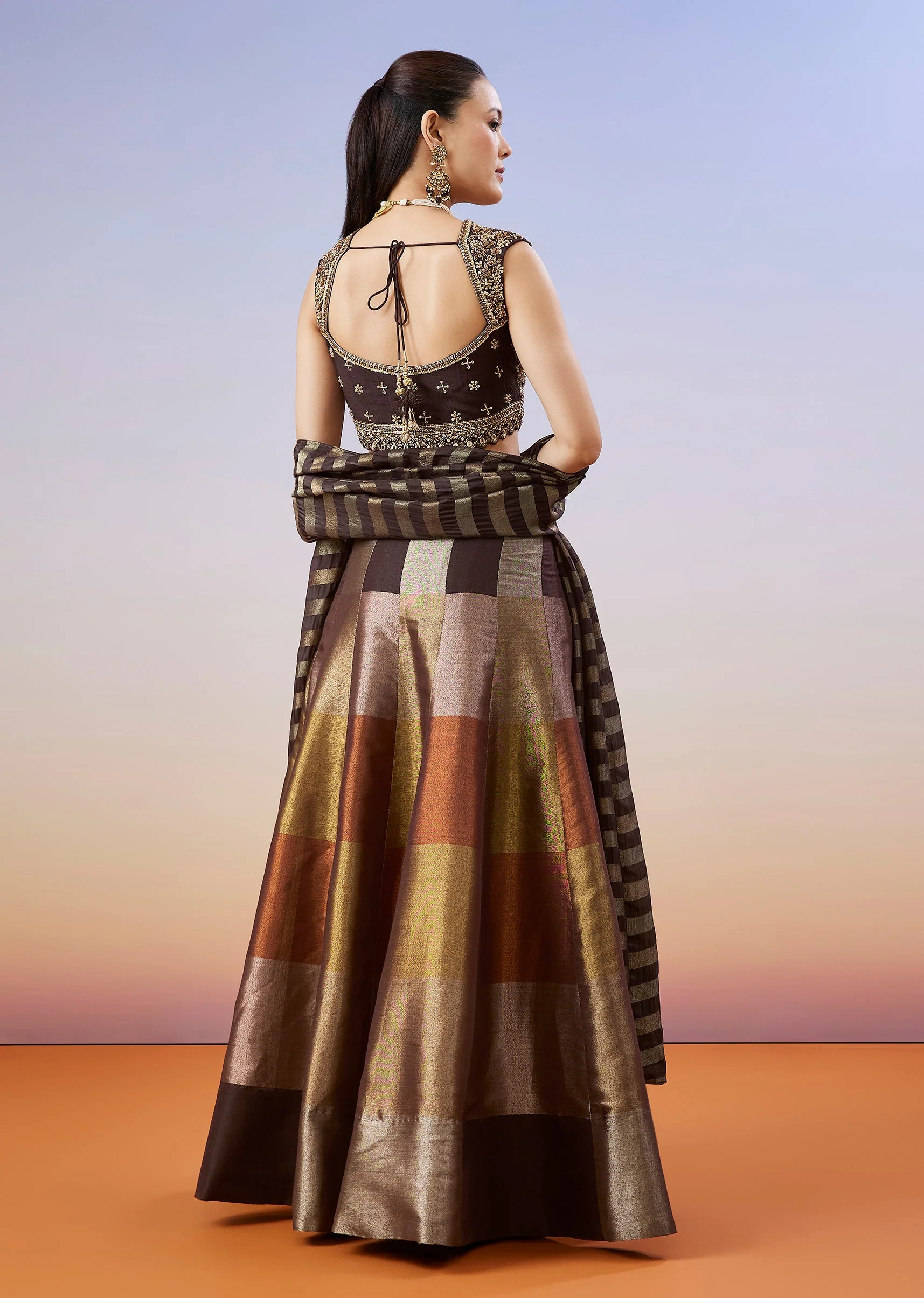 Brown Colourblocked Lehenga With Zardosi Choli