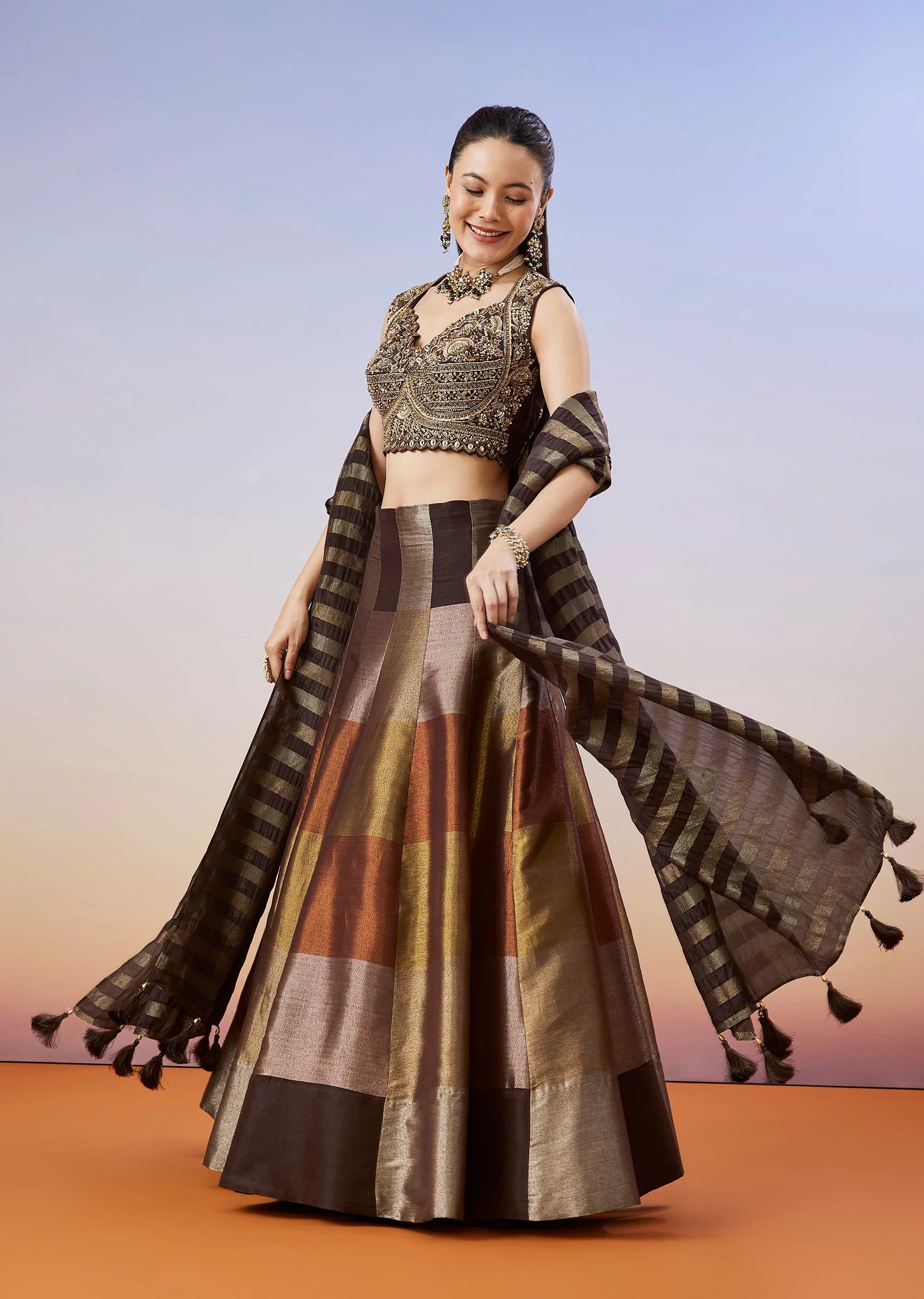 Brown Colourblocked Lehenga With Zardosi Choli