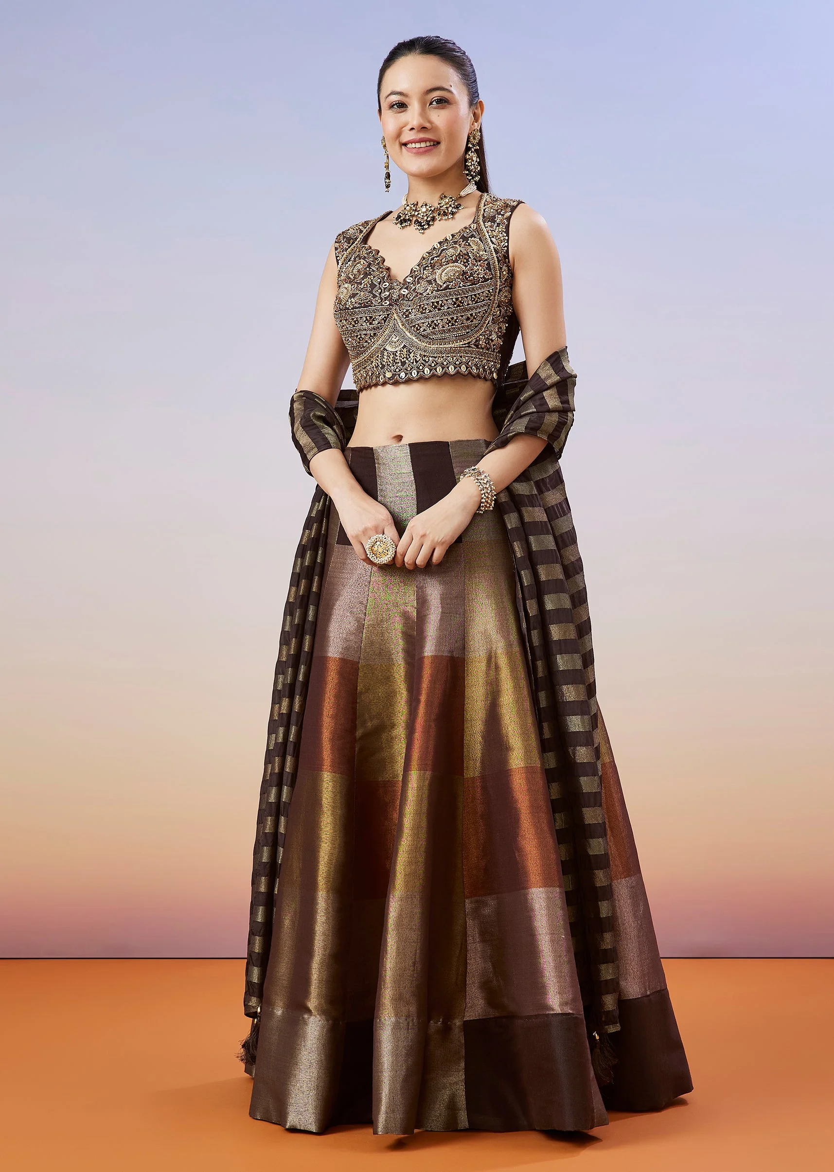 Brown Colourblocked Lehenga With Zardosi Choli