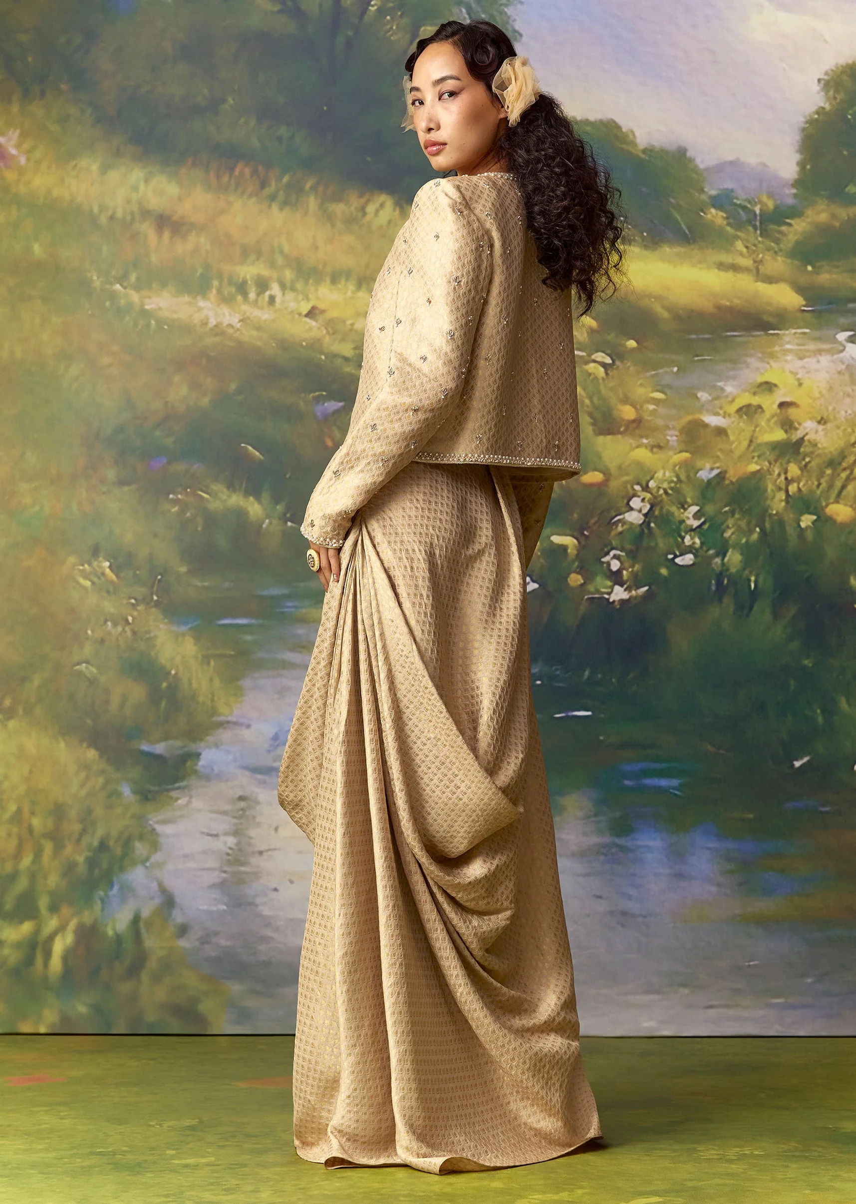 Gold Banarasi Silk Jacket and Cowl Draped Skirt Set