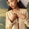 Gold Banarasi Silk Jacket and Cowl Draped Skirt Set