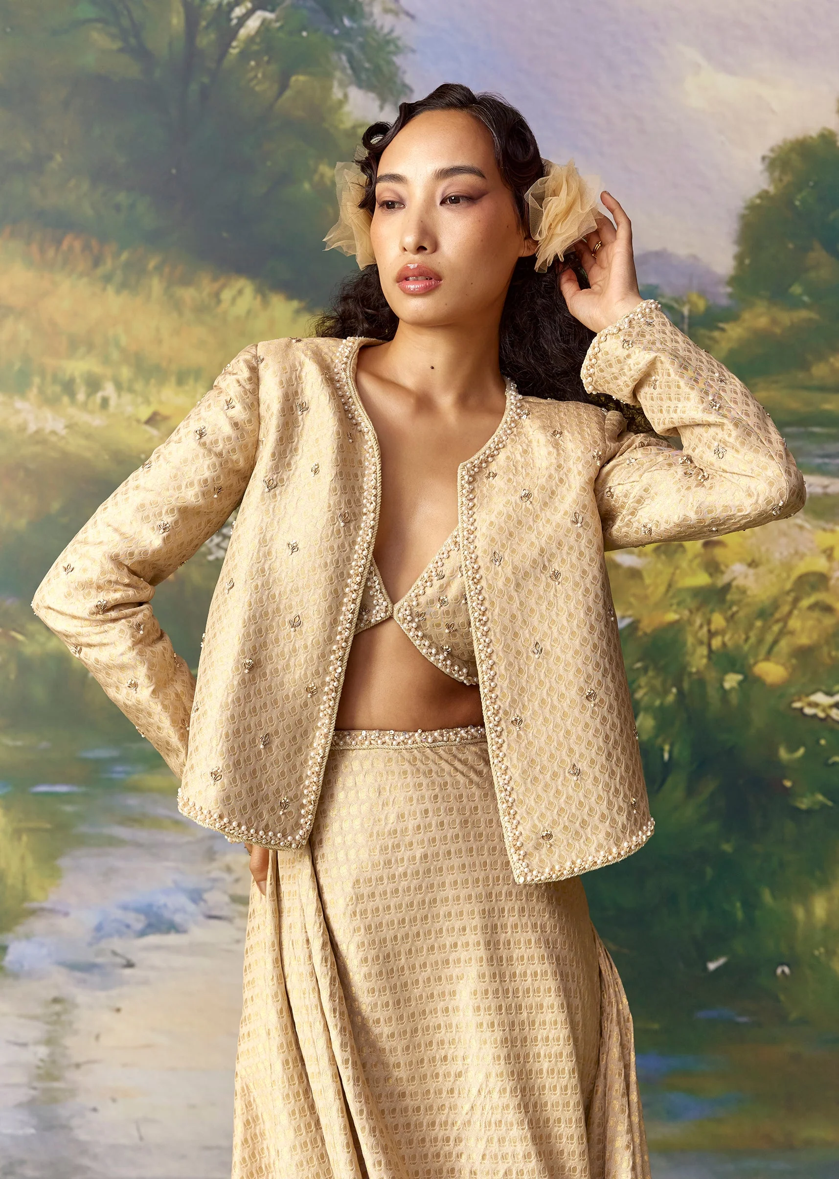 Gold Banarasi Silk Jacket and Cowl Draped Skirt Set