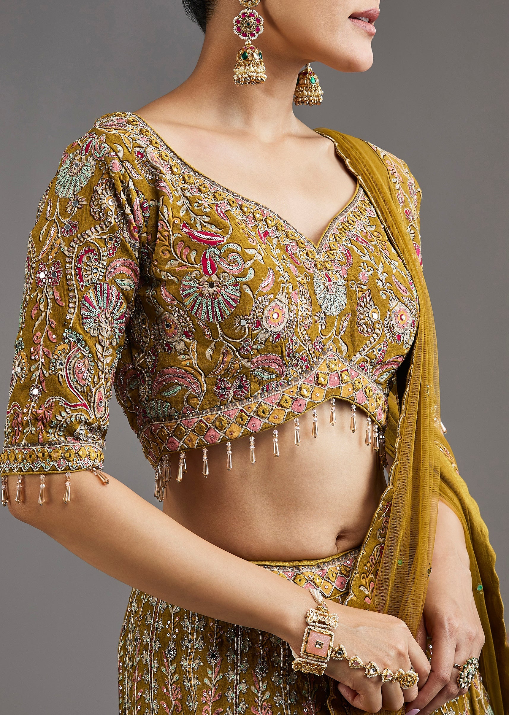 Mehendi Green Lehenga With Mirror Accents