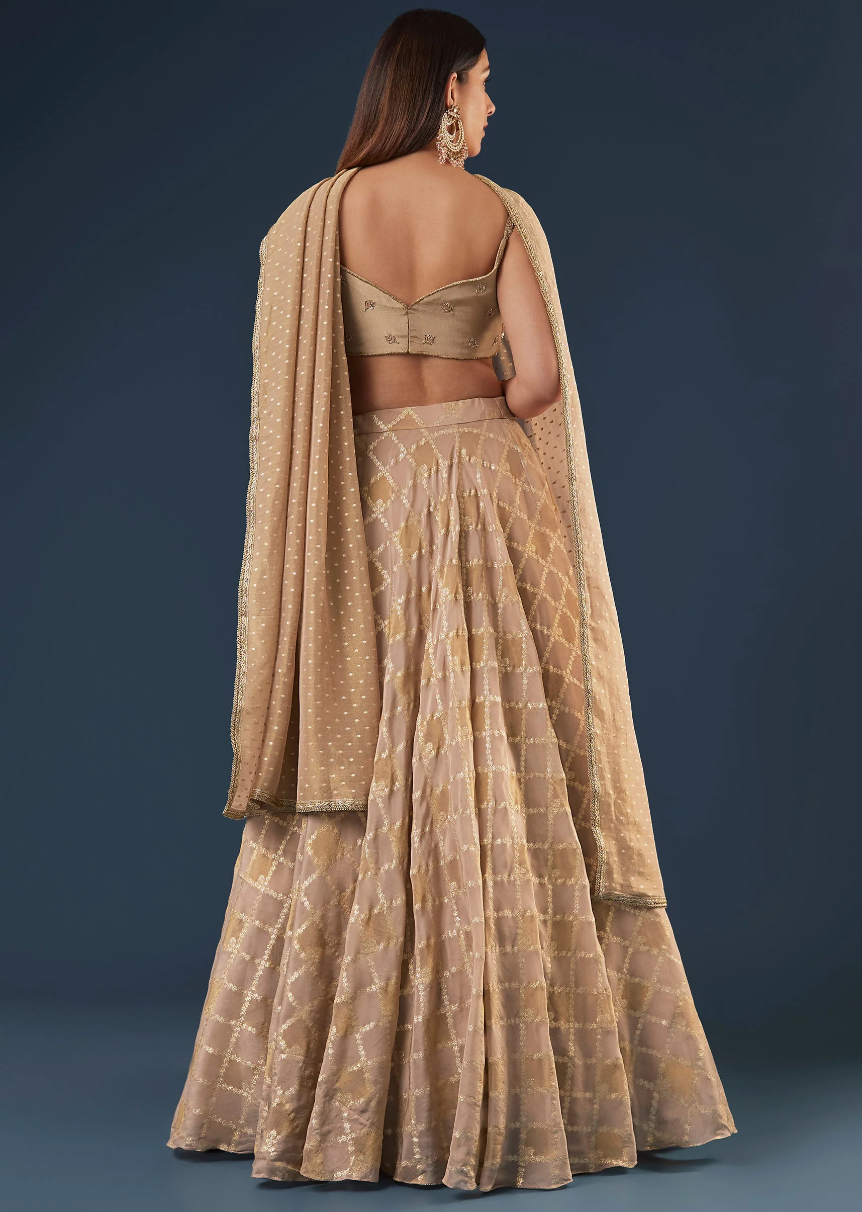 Copper Gold Banarasi Lehenga Set With Square Neck Blouse