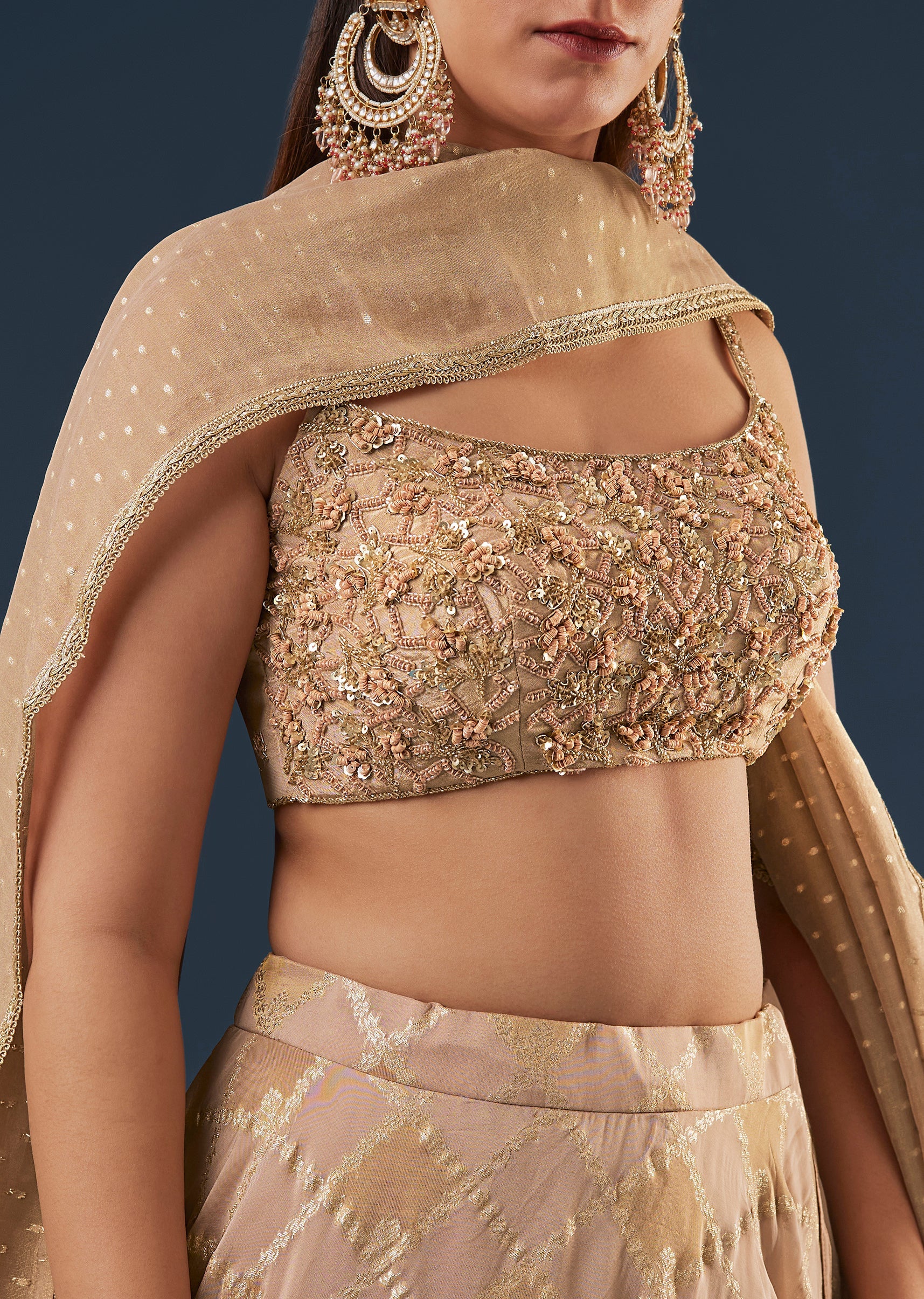 Copper Gold Banarasi Lehenga Set With Square Neck Blouse