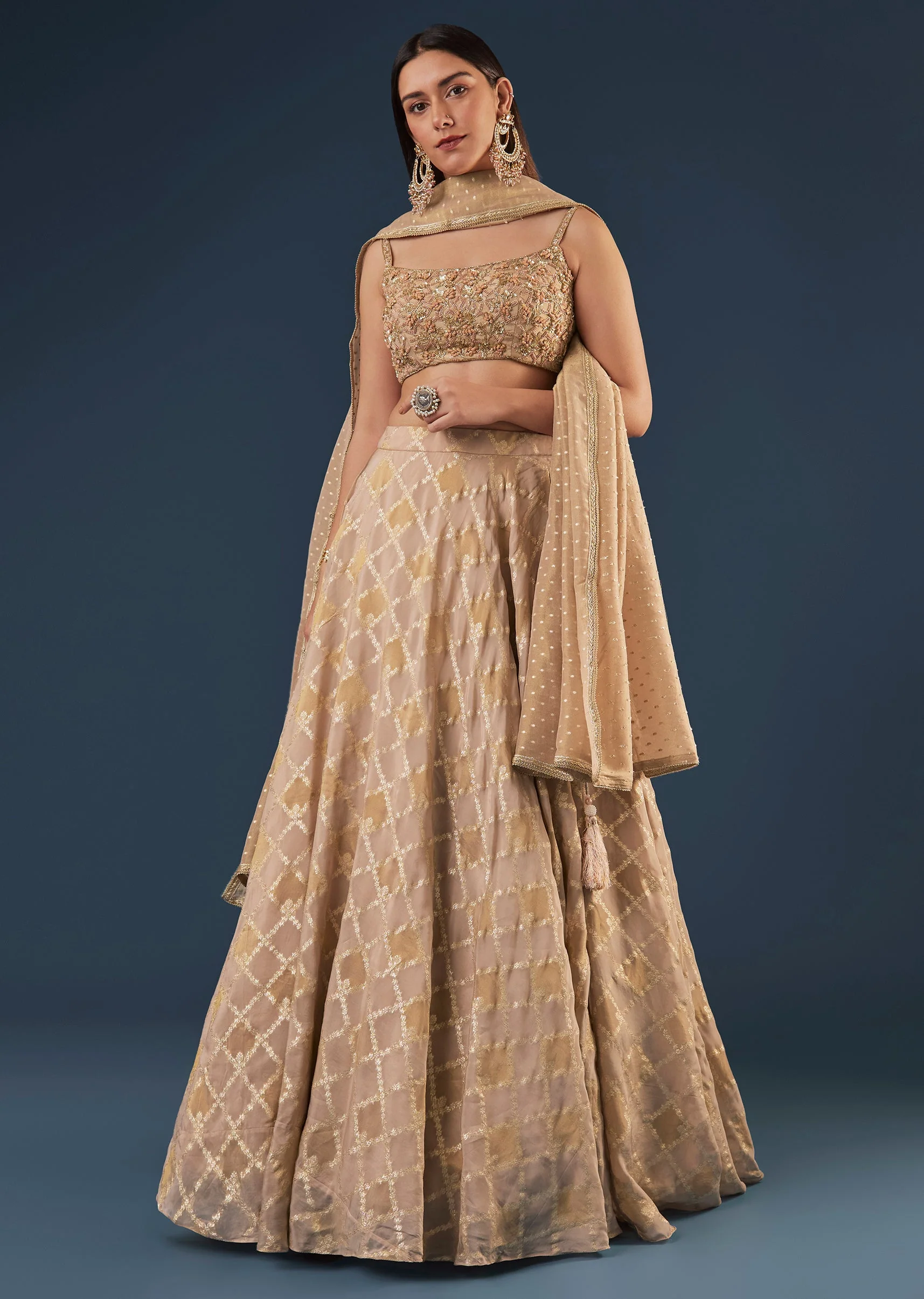 Copper Gold Banarasi Lehenga Set With Square Neck Blouse