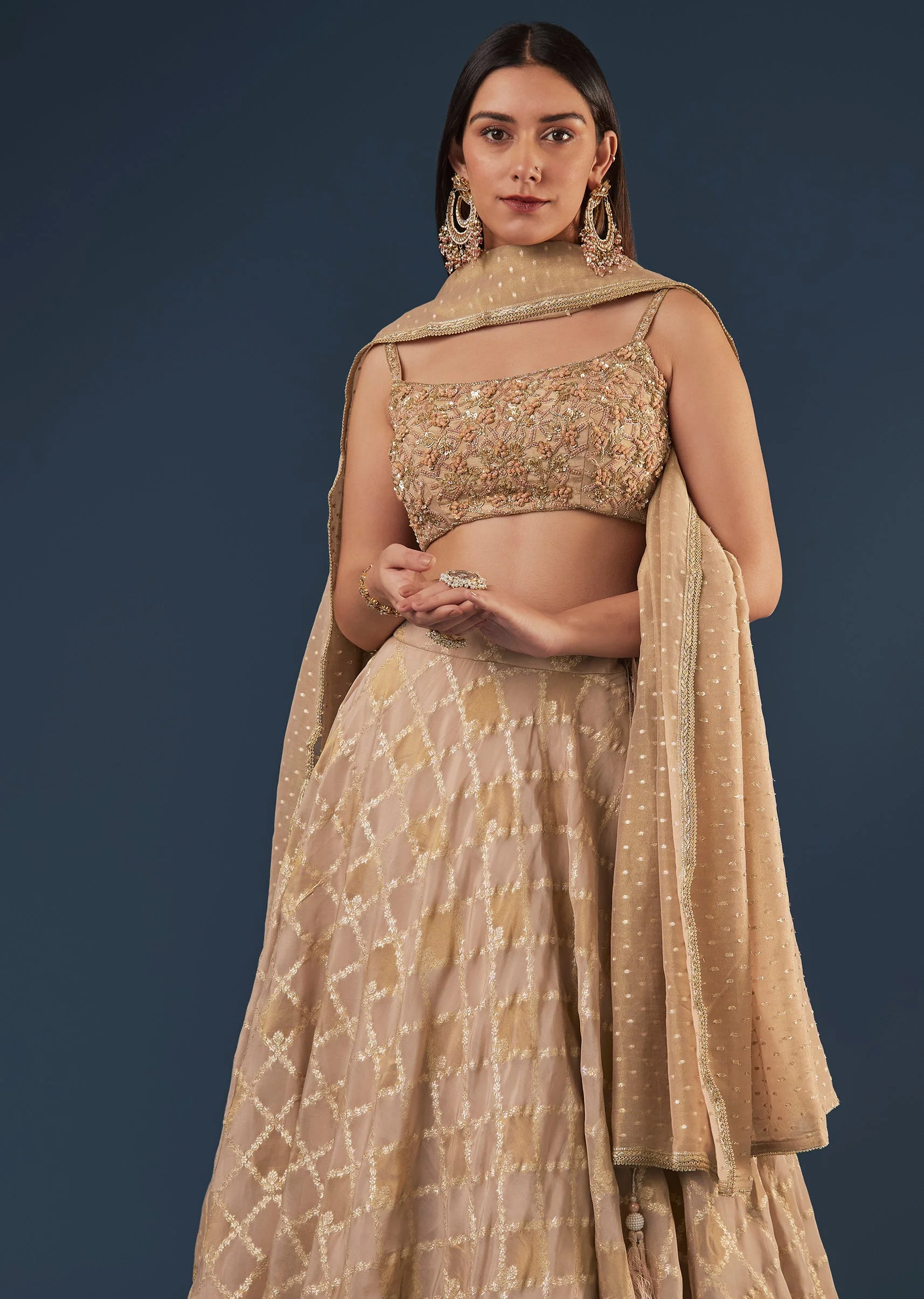 Copper Gold Banarasi Lehenga Set With Square Neck Blouse