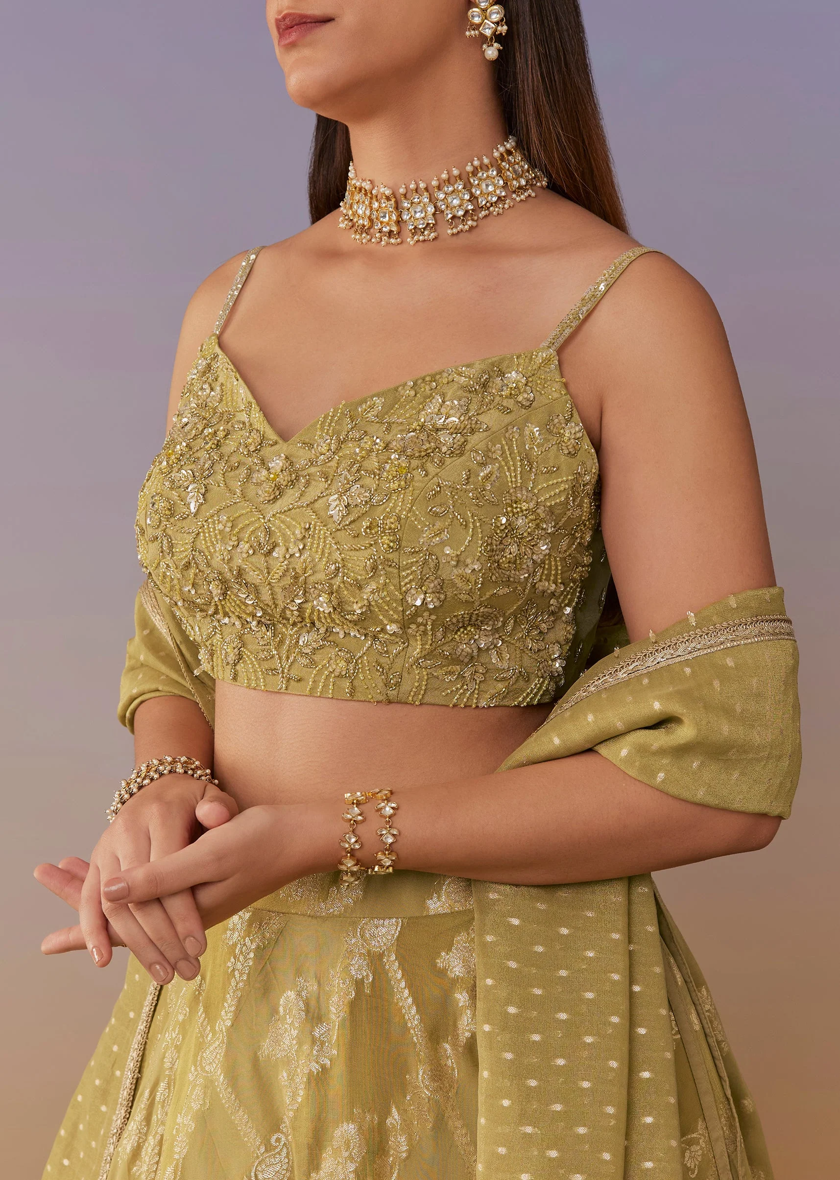 Citrus Green Banarasi Silk Lehenga Set With Sequins And Bead Detailing