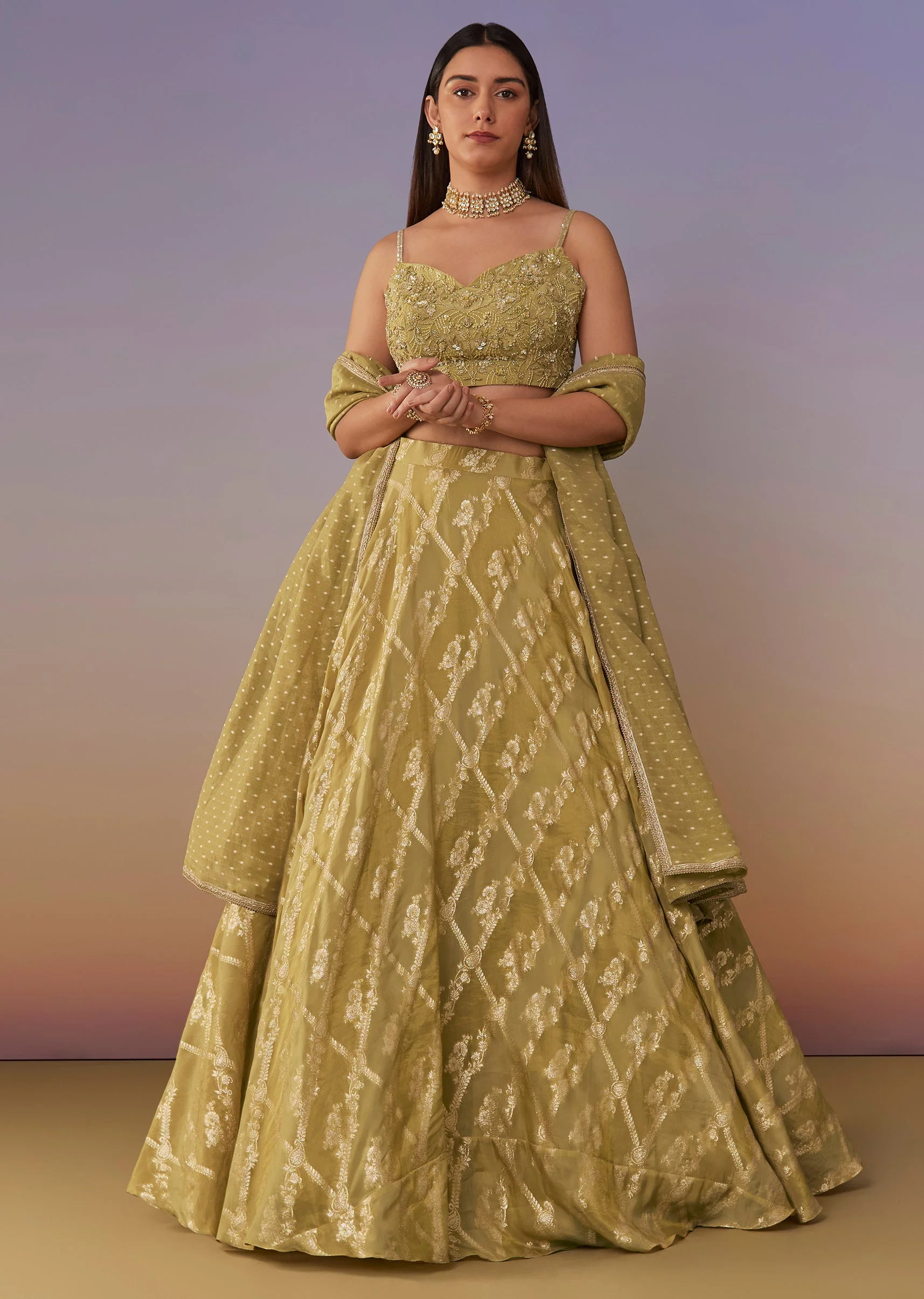 Citrus Green Banarasi Silk Lehenga Set With Sequins And Bead Detailing