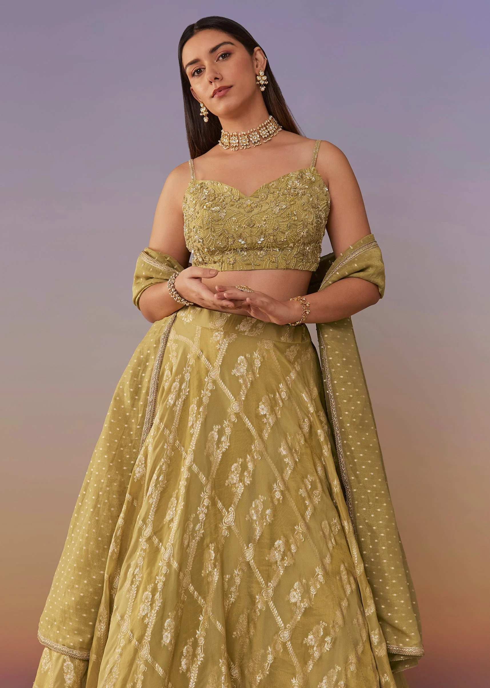 Citrus Green Banarasi Silk Lehenga Set With Sequins And Bead Detailing
