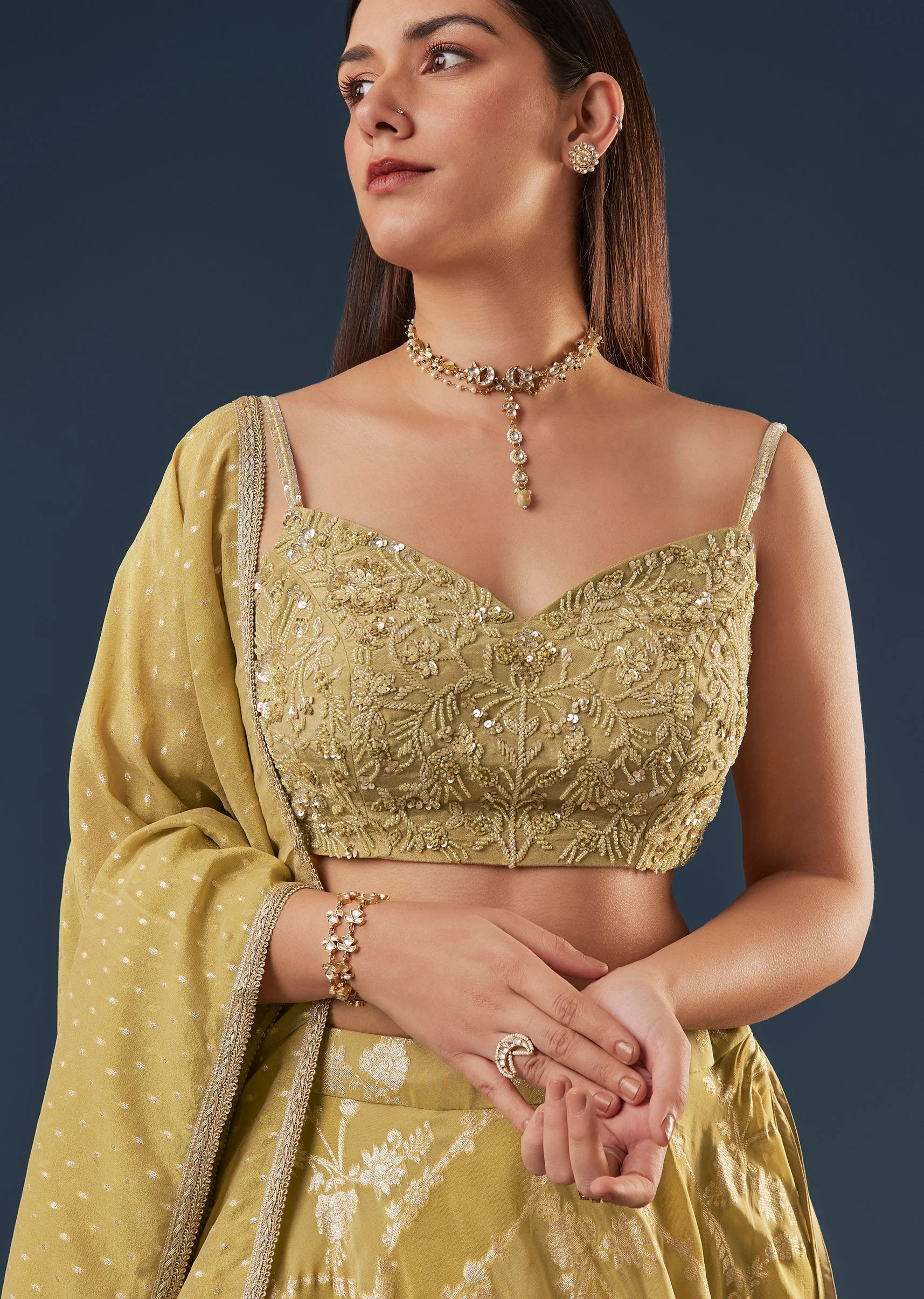 Citrus Green Banarasi Lehenga Set With Sequin And Lace Detailing
